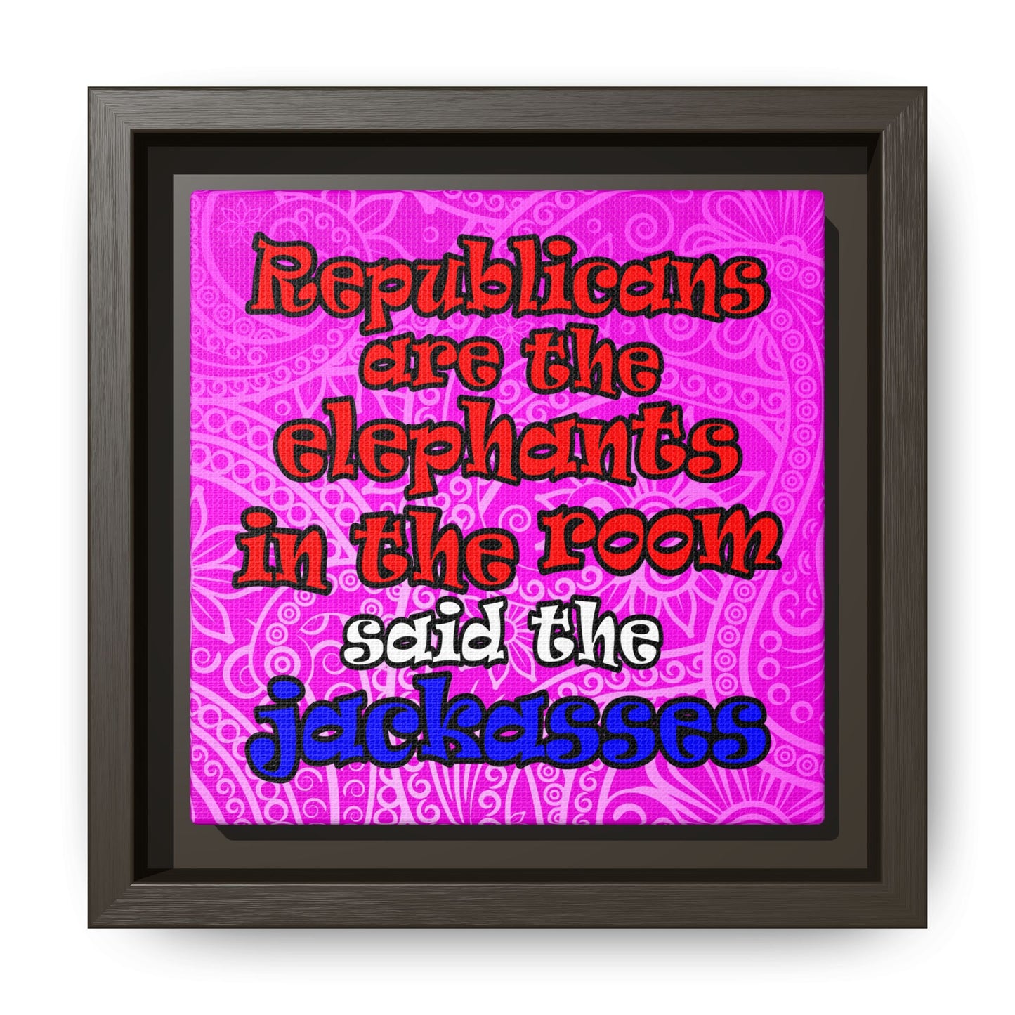 donkeys and elephants - framed canvas art (pink swirl)
