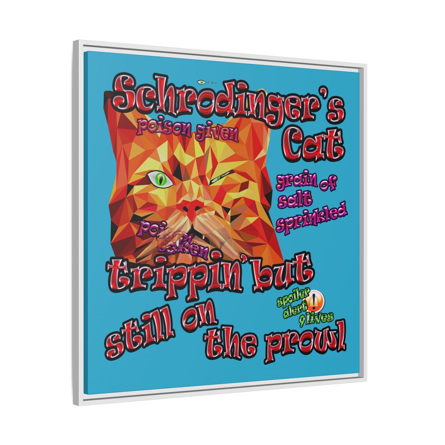schrodinger's cat - framed canvas art (turquoise)