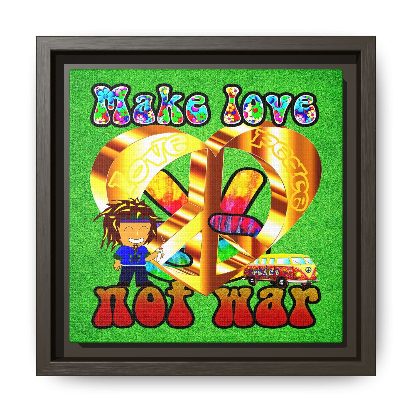 love peace - framed canvas art (green turf)