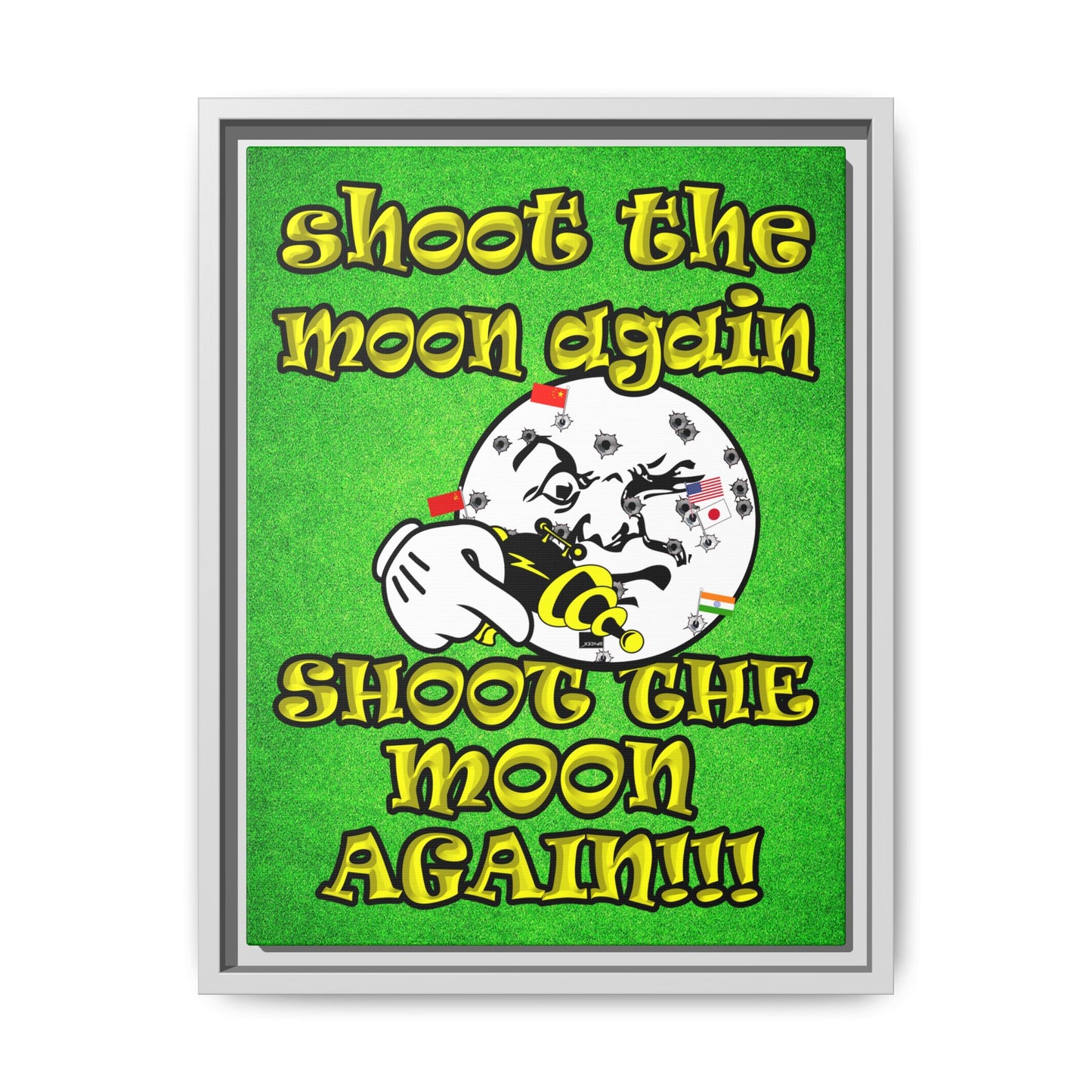 shoot the moon again - framed canvas art (green turf)