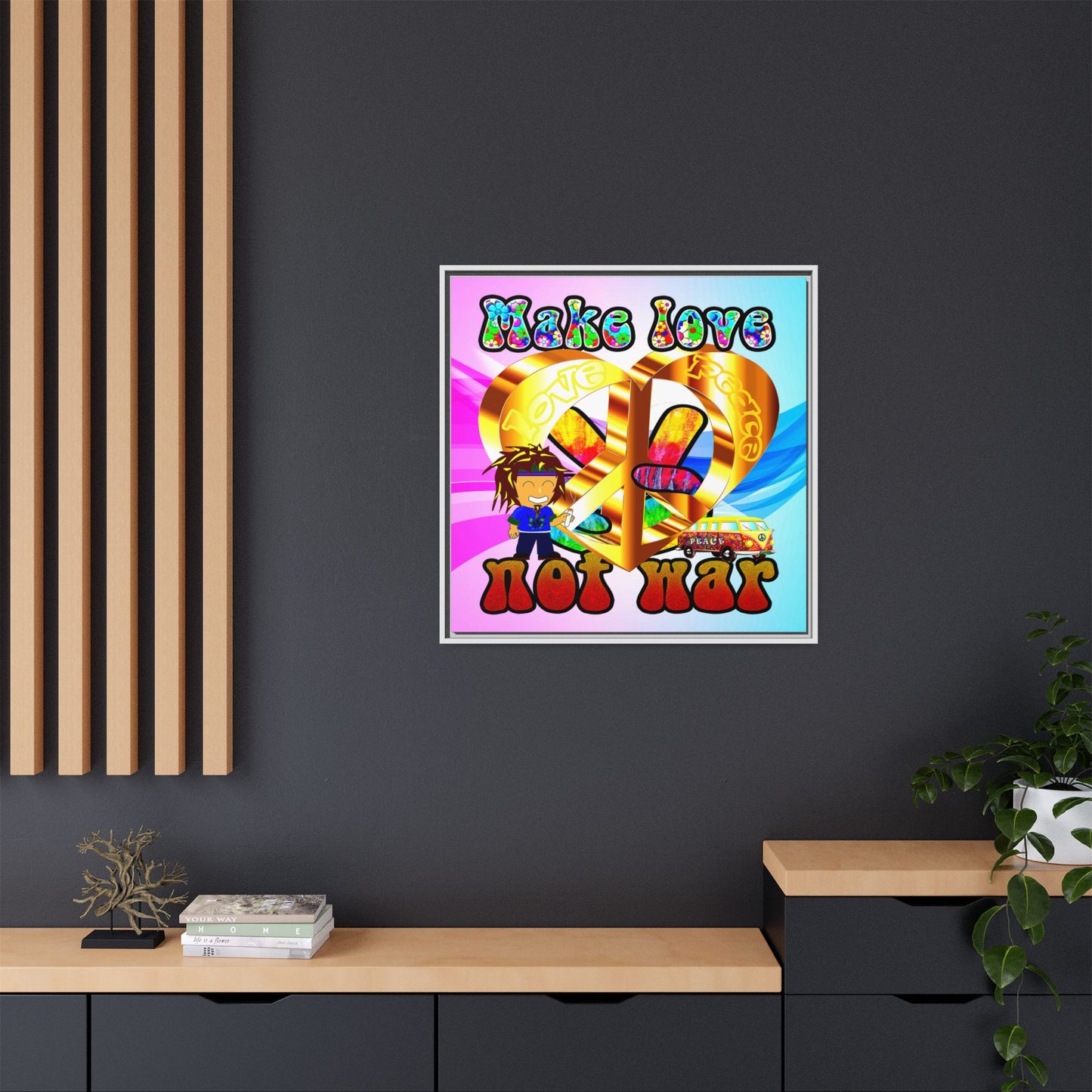 love peace - framed canvas art (light blue-pink wave)