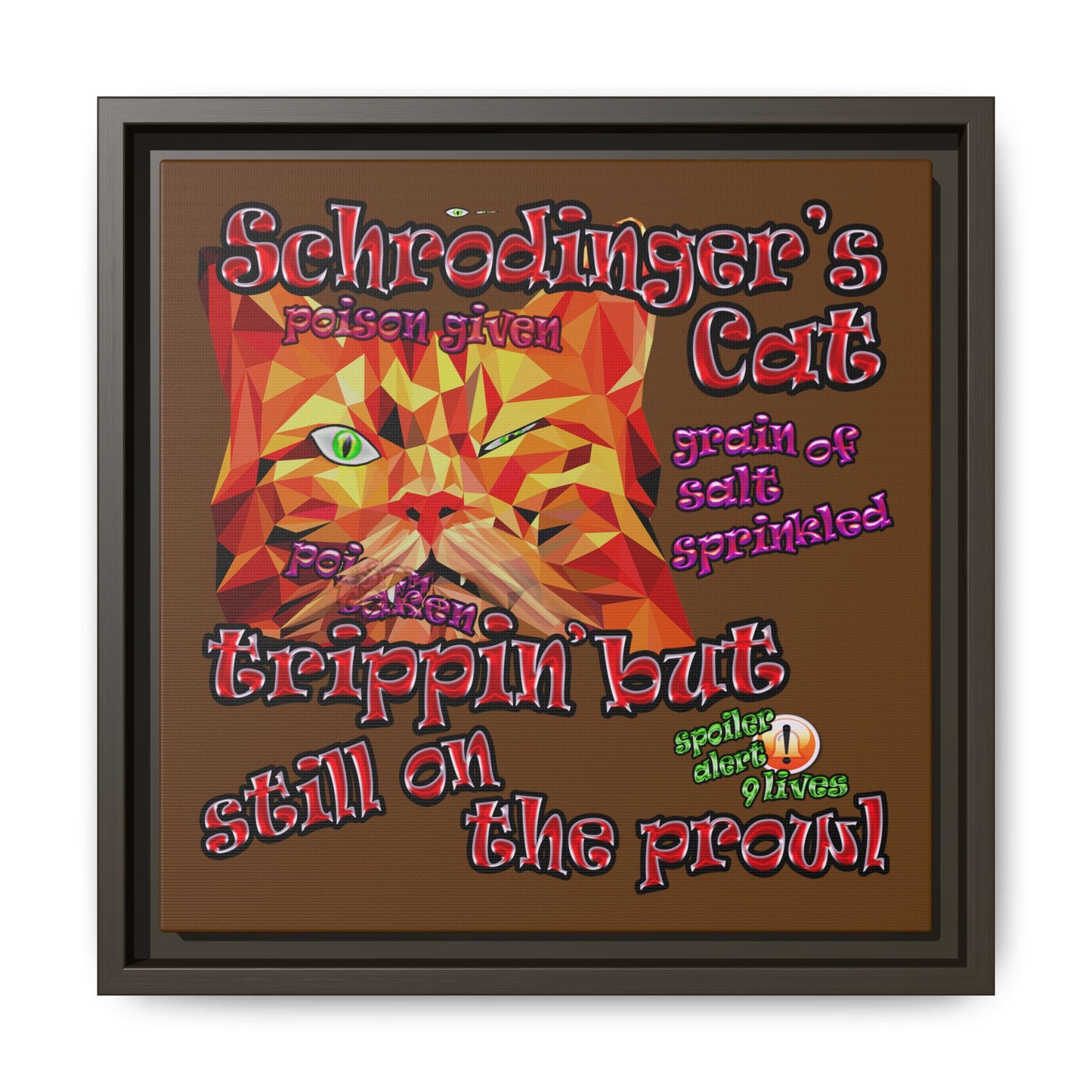 schrodinger's cat - framed canvas art (brown)