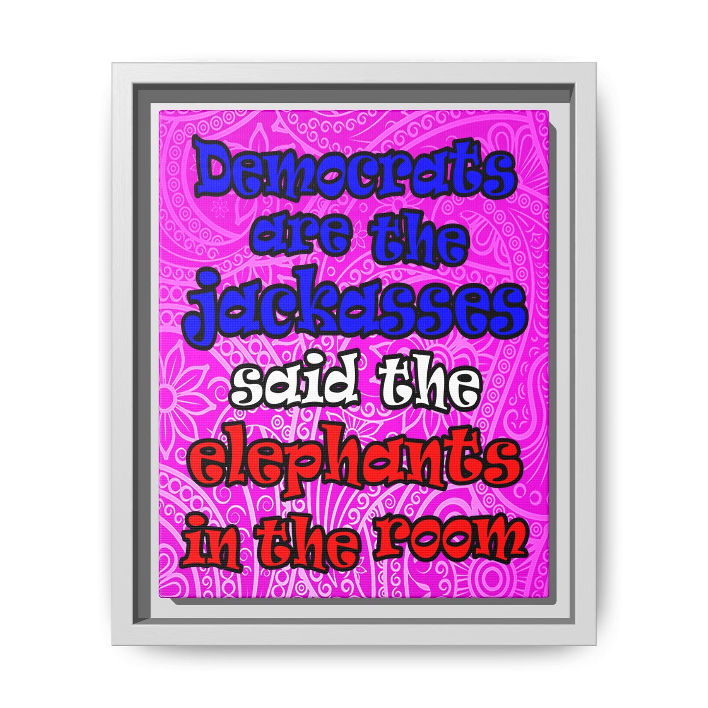donkeys and elephants - framed canvas art (pink swirl)