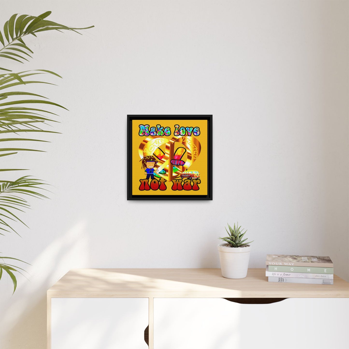 love peace - framed canvas art (yellow)
