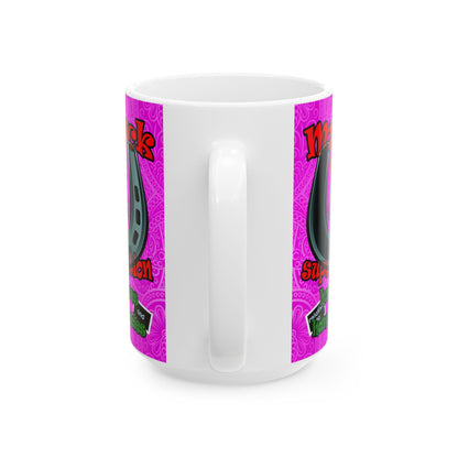 my luck - White Mug (pink swirl)