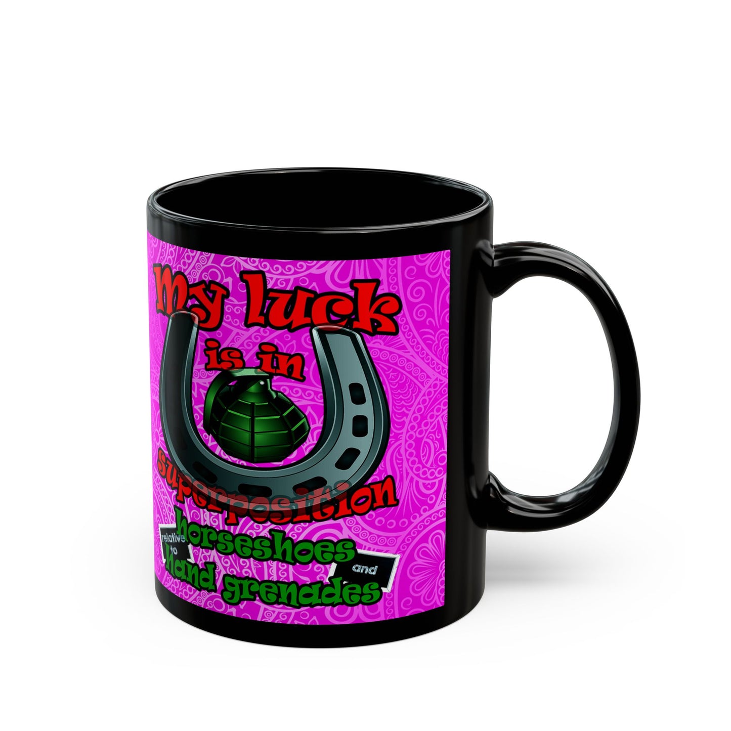 my luck - Black Mug (pink swirl)