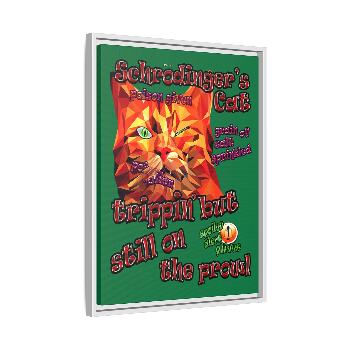 schrodinger's cat - framed canvas art (dark green)