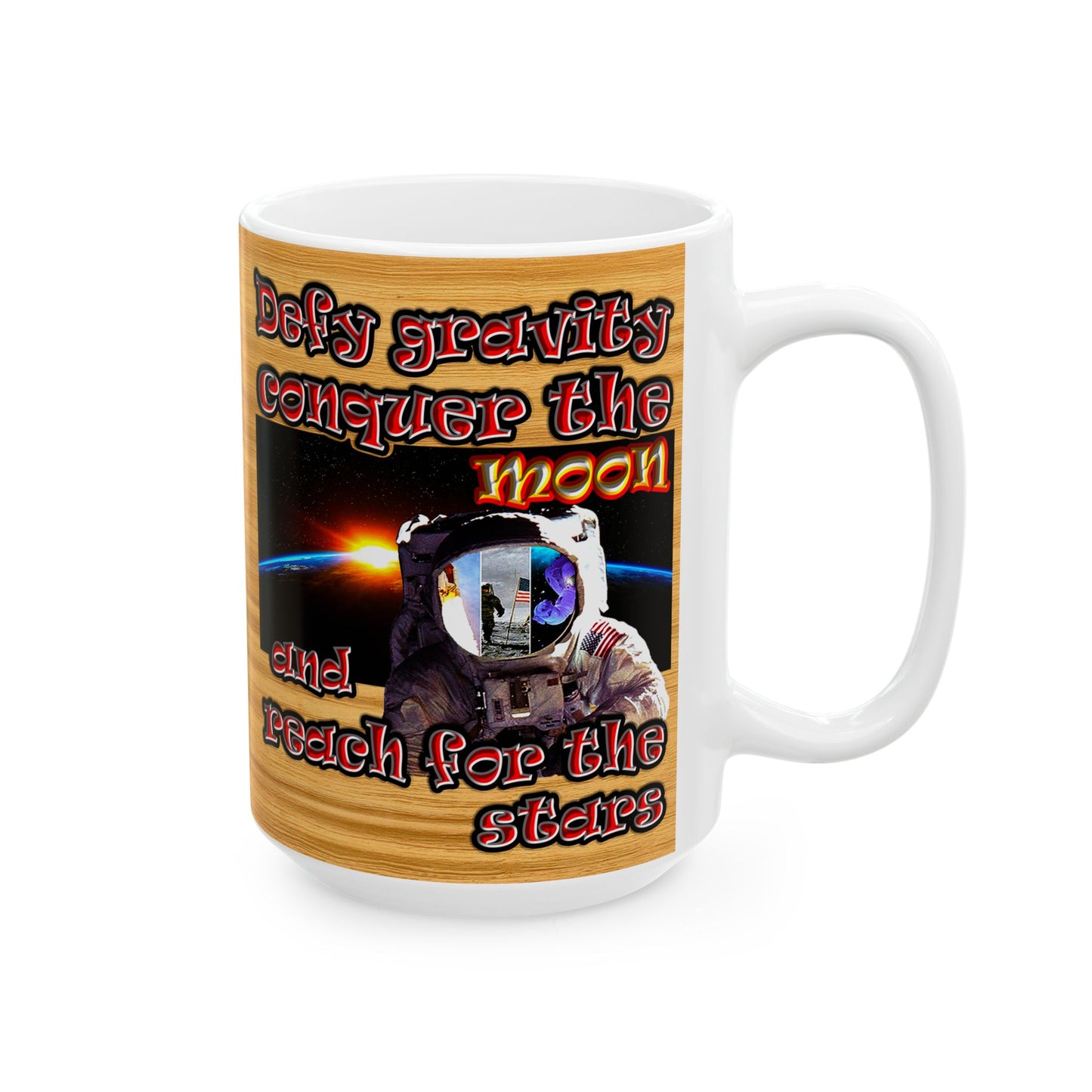defy conquer reach - White Mug (butterscotch wood finish)