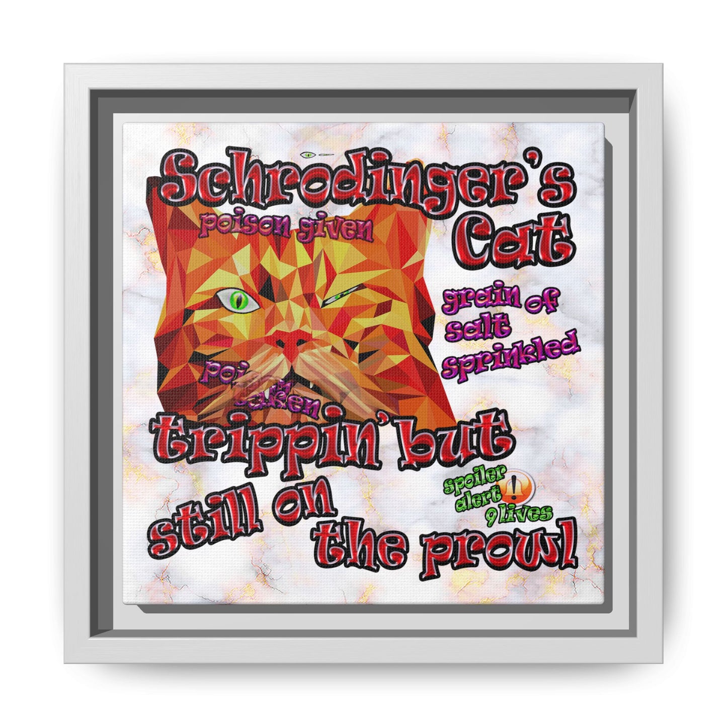 schrodinger's cat - framed canvas art (white marble)