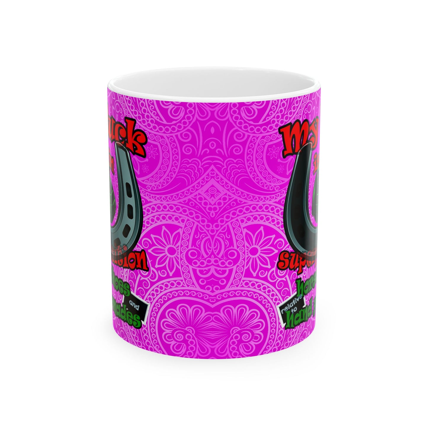 my luck - White Mug (pink swirl)