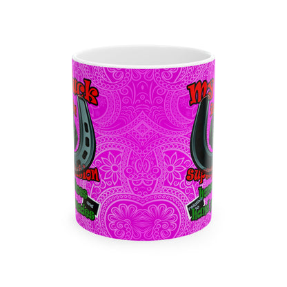 my luck - White Mug (pink swirl)