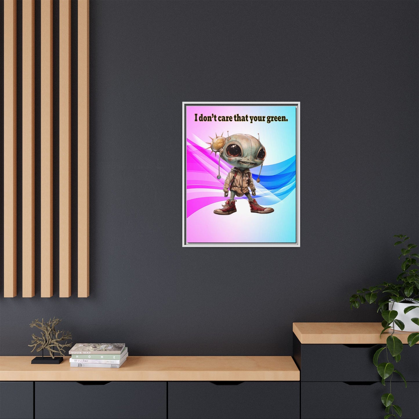 I don't care that your green - framed canvas art (light blue-pink wave)