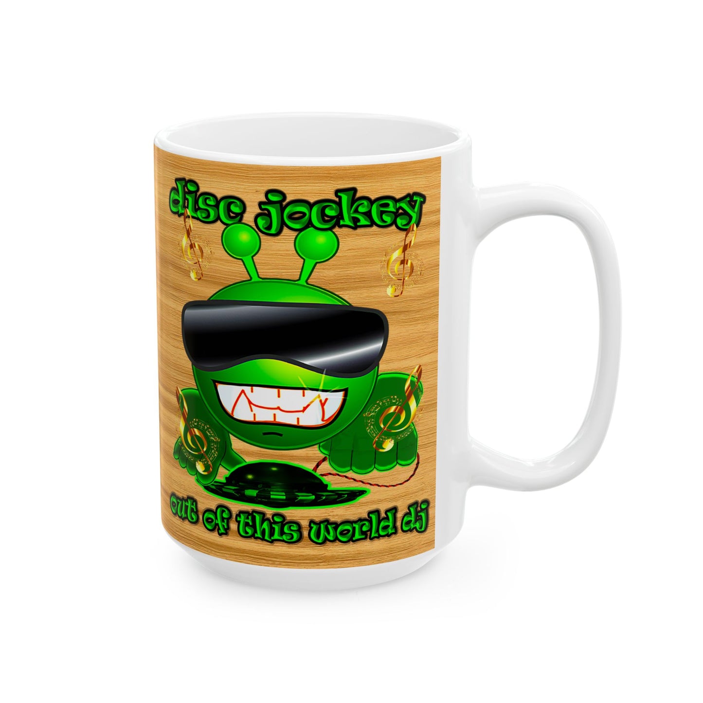 disc jockey - White Mug (butterscotch wood finish)