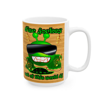 disc jockey - White Mug (butterscotch wood finish)