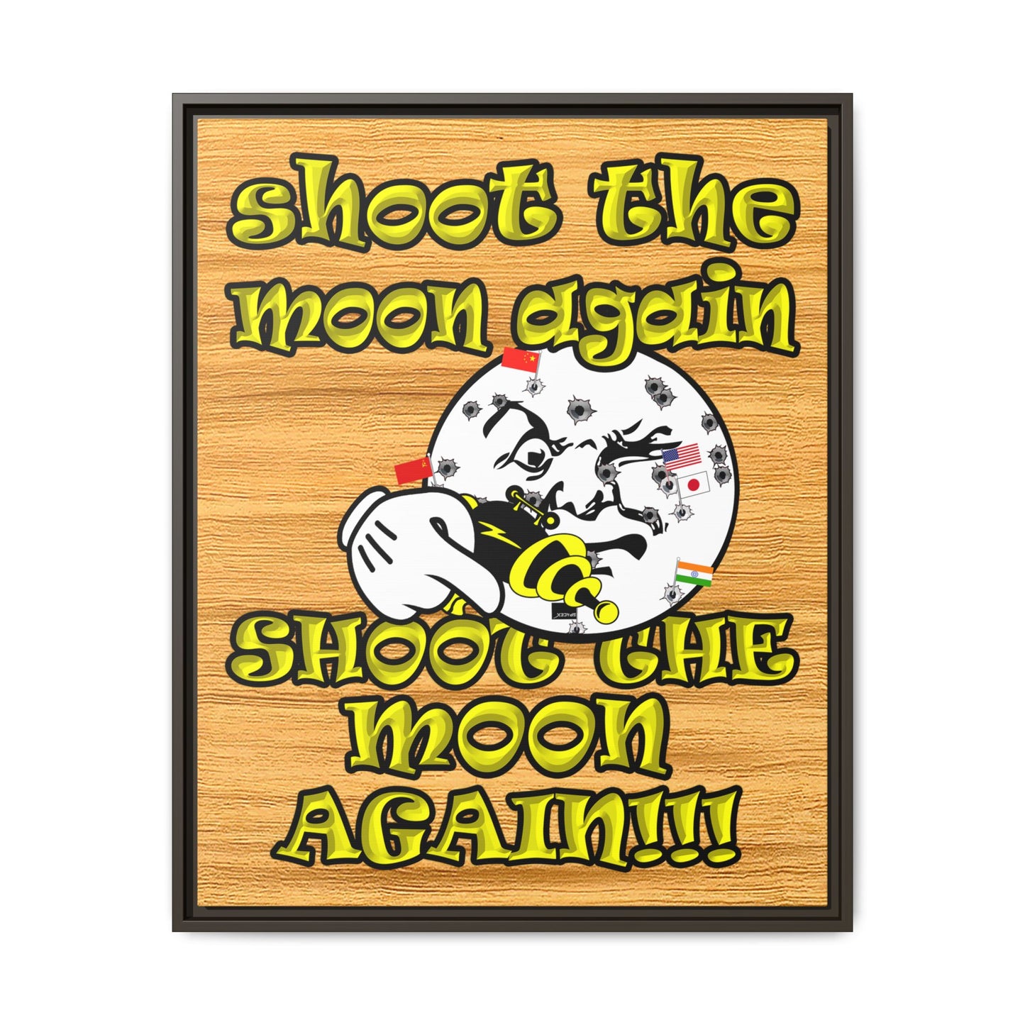 shoot the moon again - framed canvas art (butterscotch wood finish)