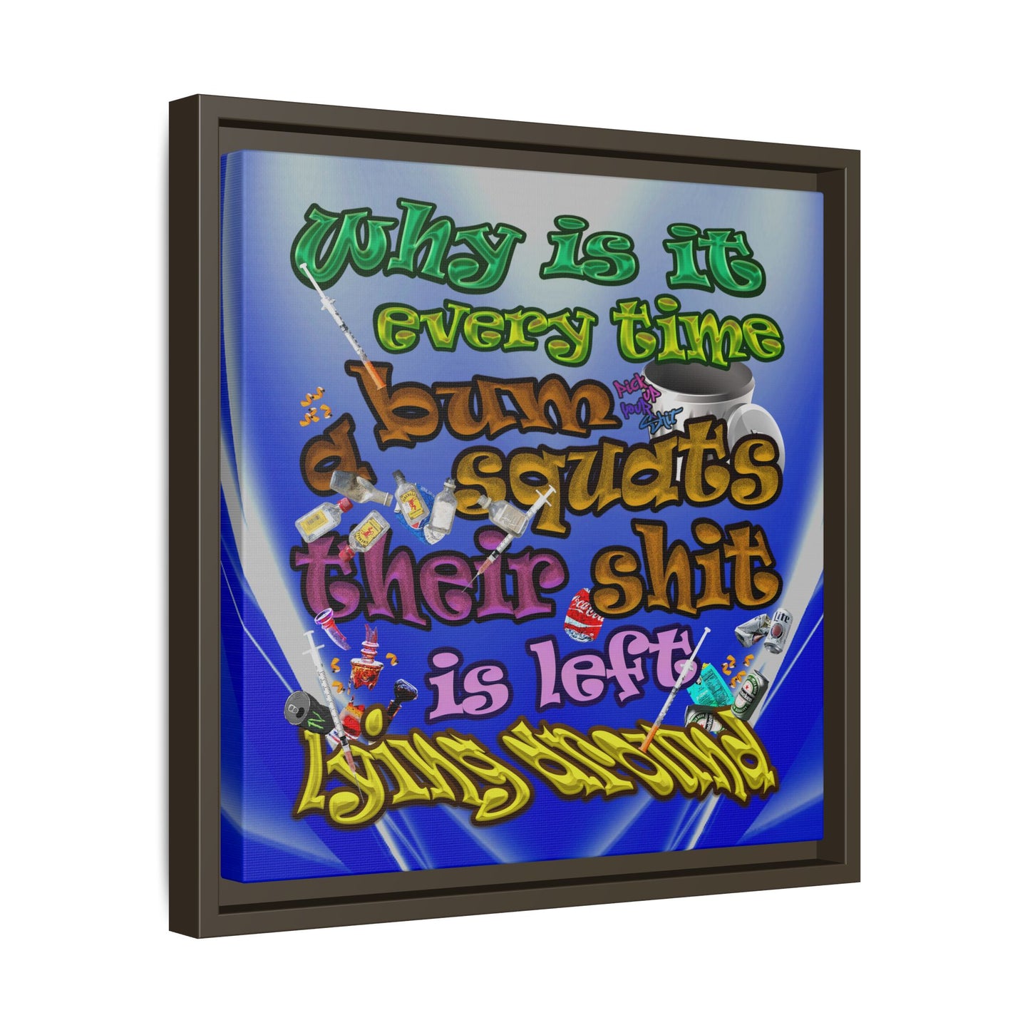 the bum's shit - framed canvas art (blue-white wave)