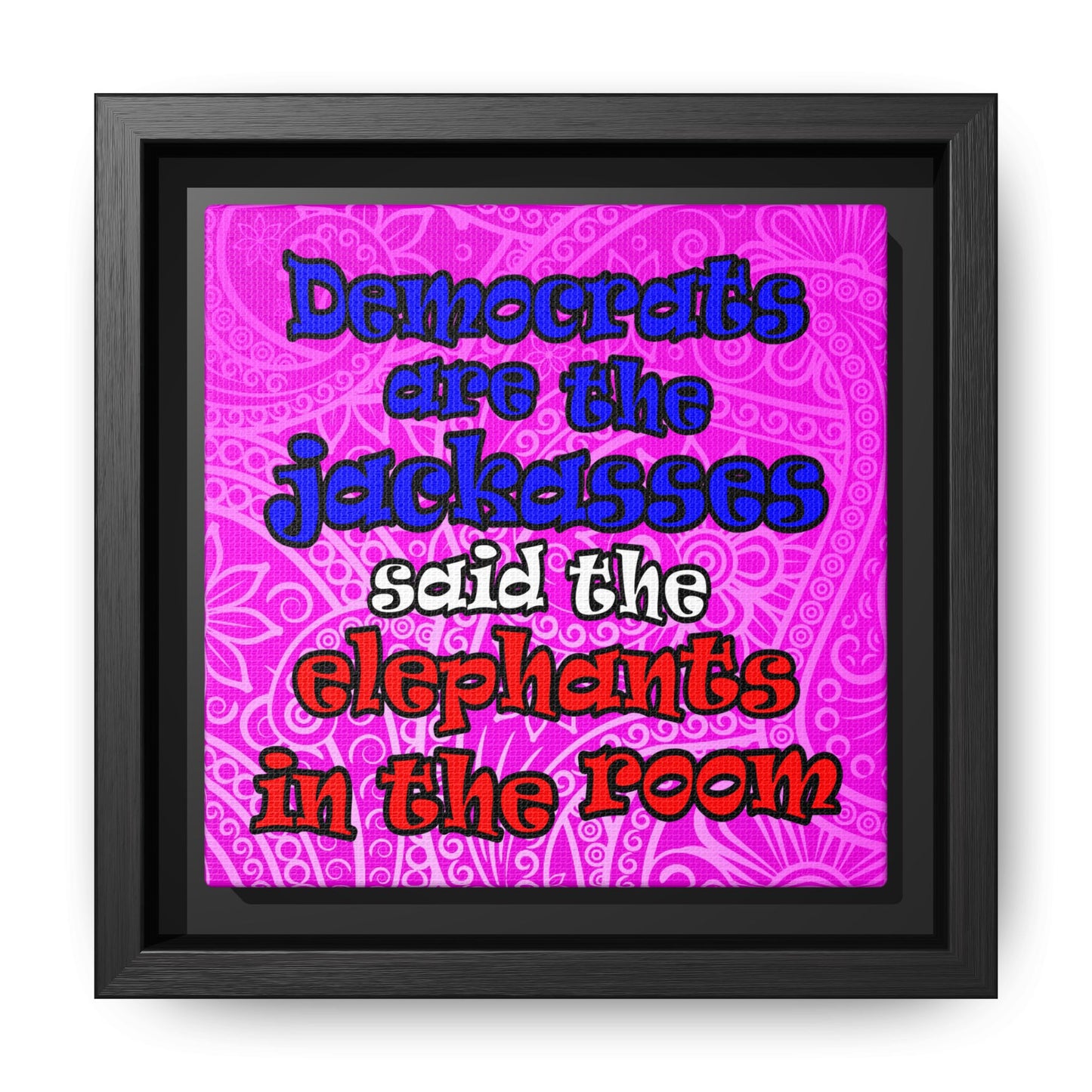donkeys and elephants - framed canvas art (pink swirl)