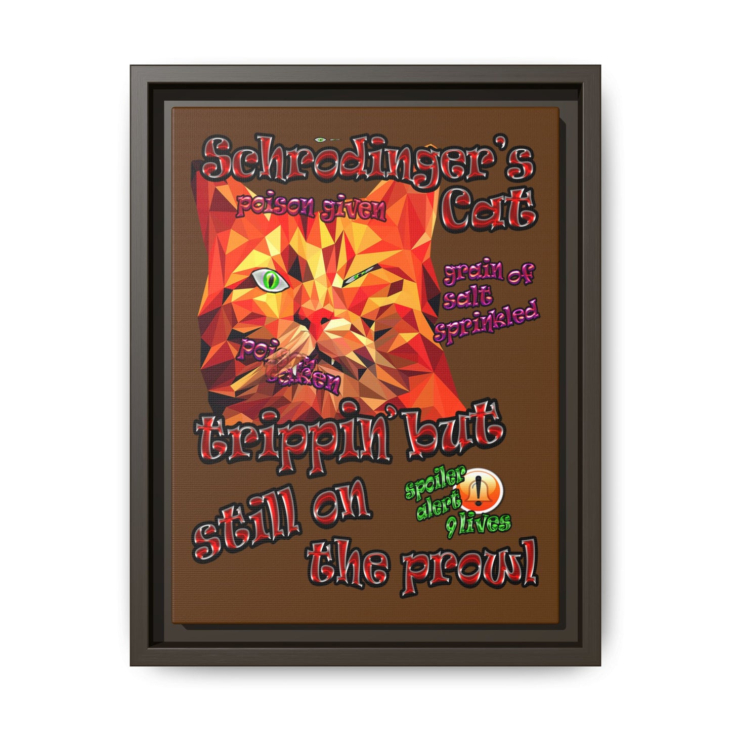 schrodinger's cat - framed canvas art (brown)