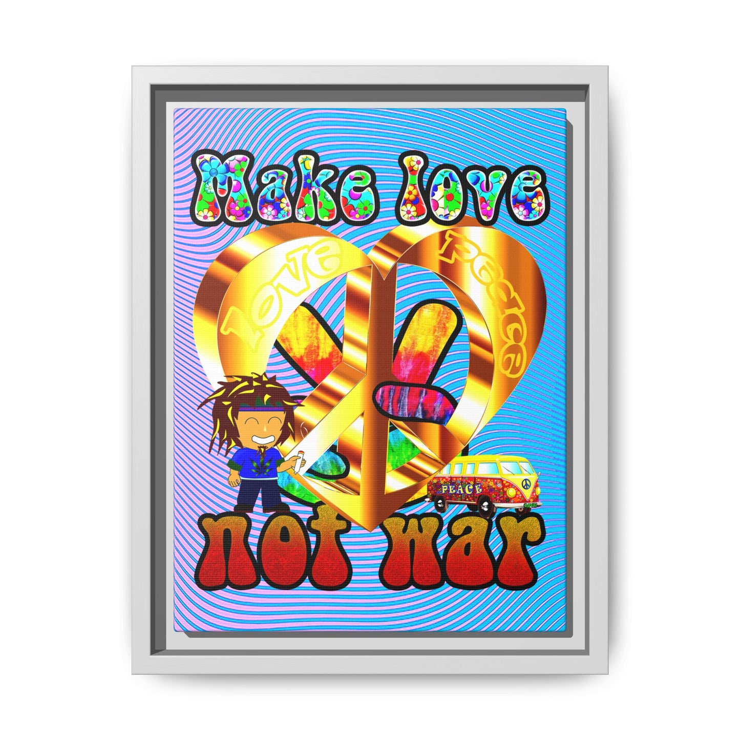 love peace - framed canvas art (light blue-purple wave)