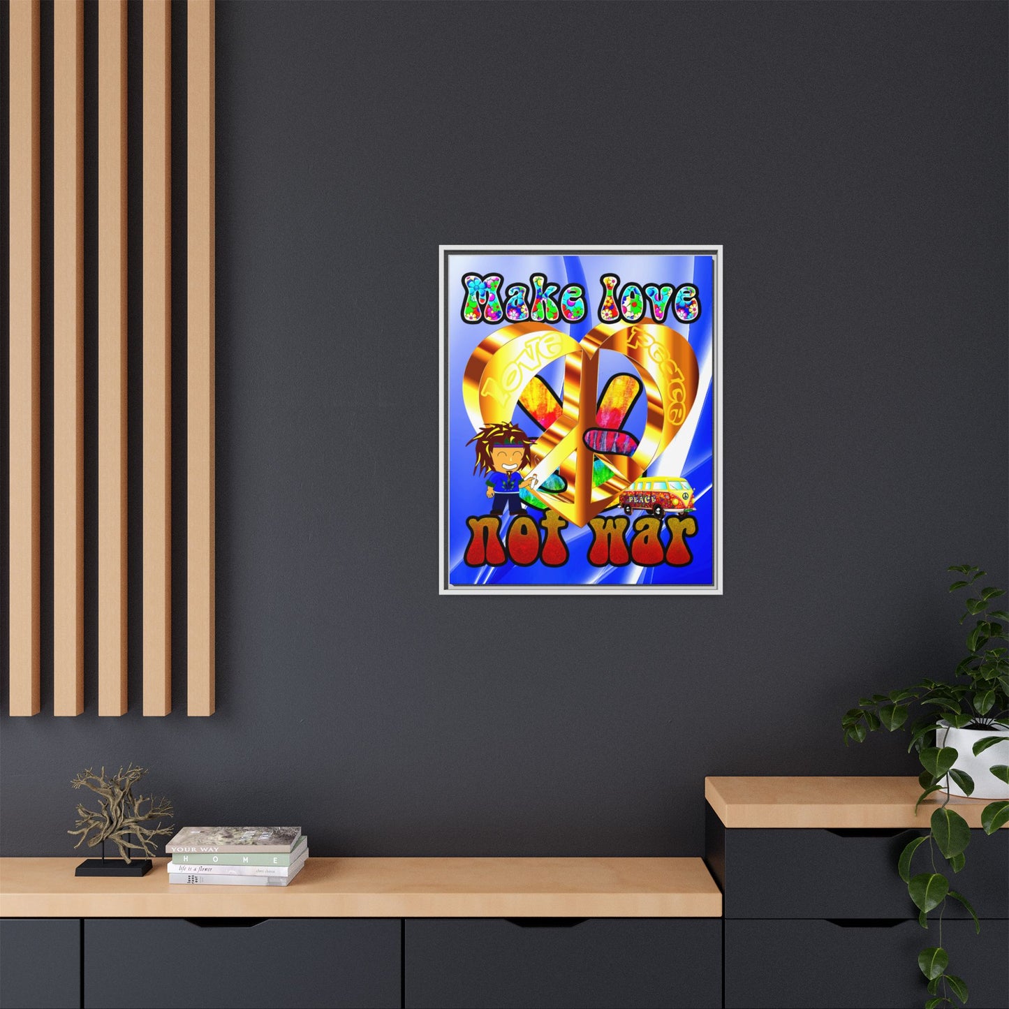 love peace - framed canvas art (blue-white wave)