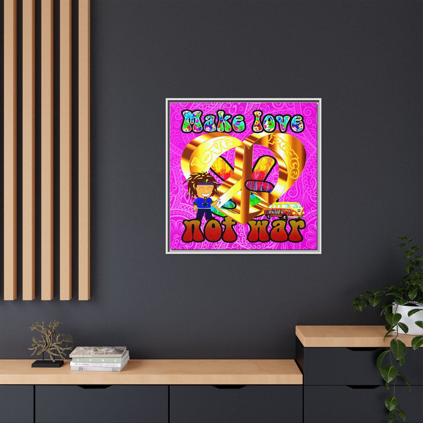 love peace - framed canvas art (pink swirl)