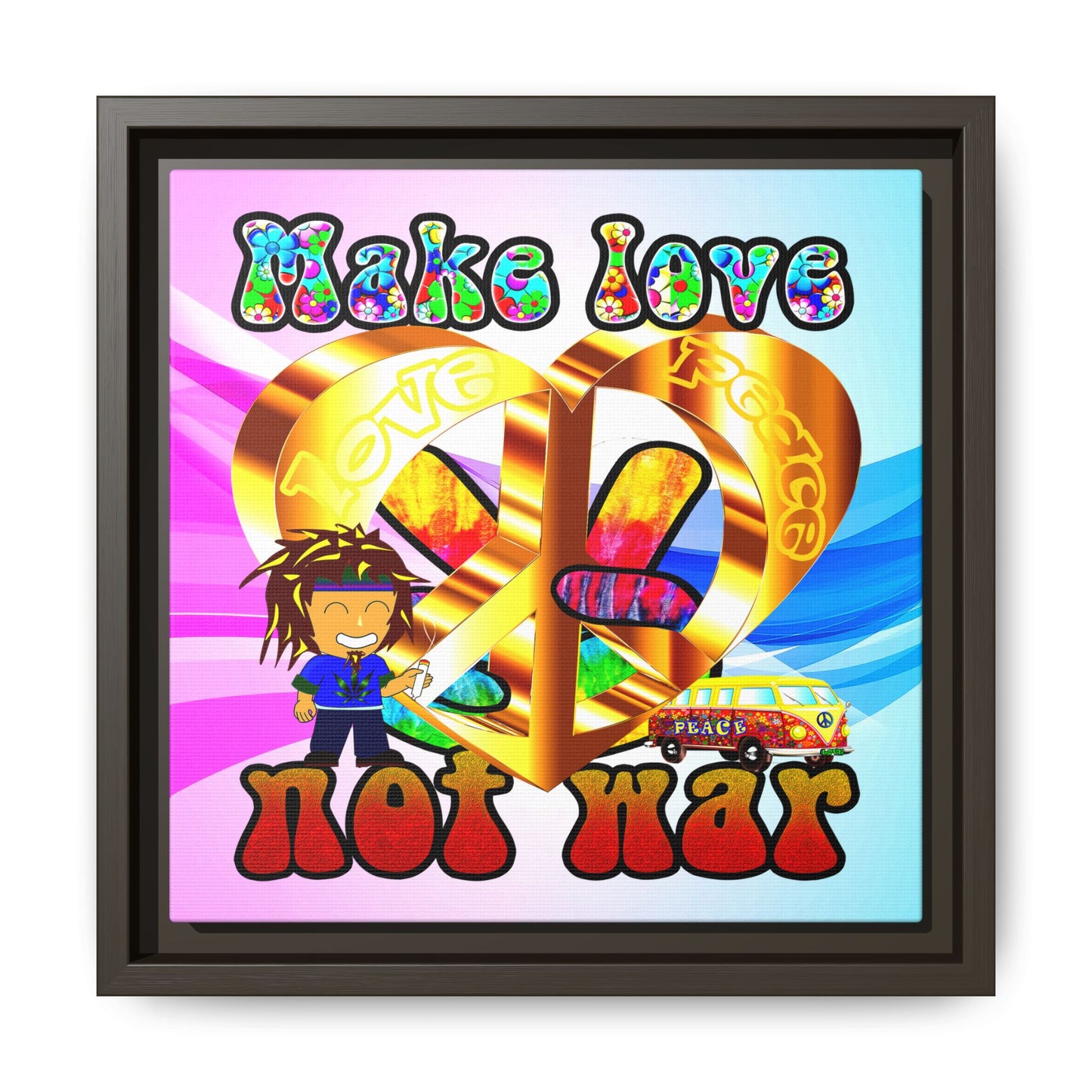 love peace - framed canvas art (light blue-pink wave)