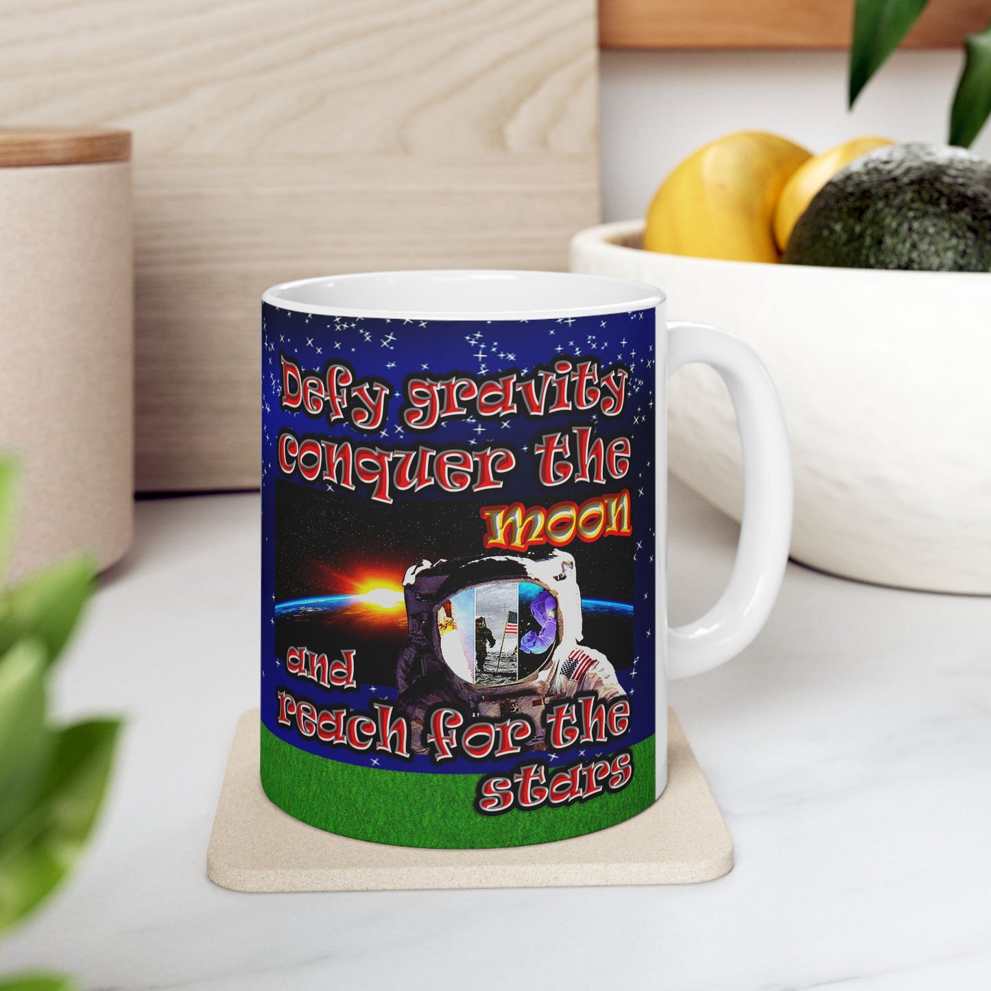 defy conquer reach - White Mug ('snoops' background)