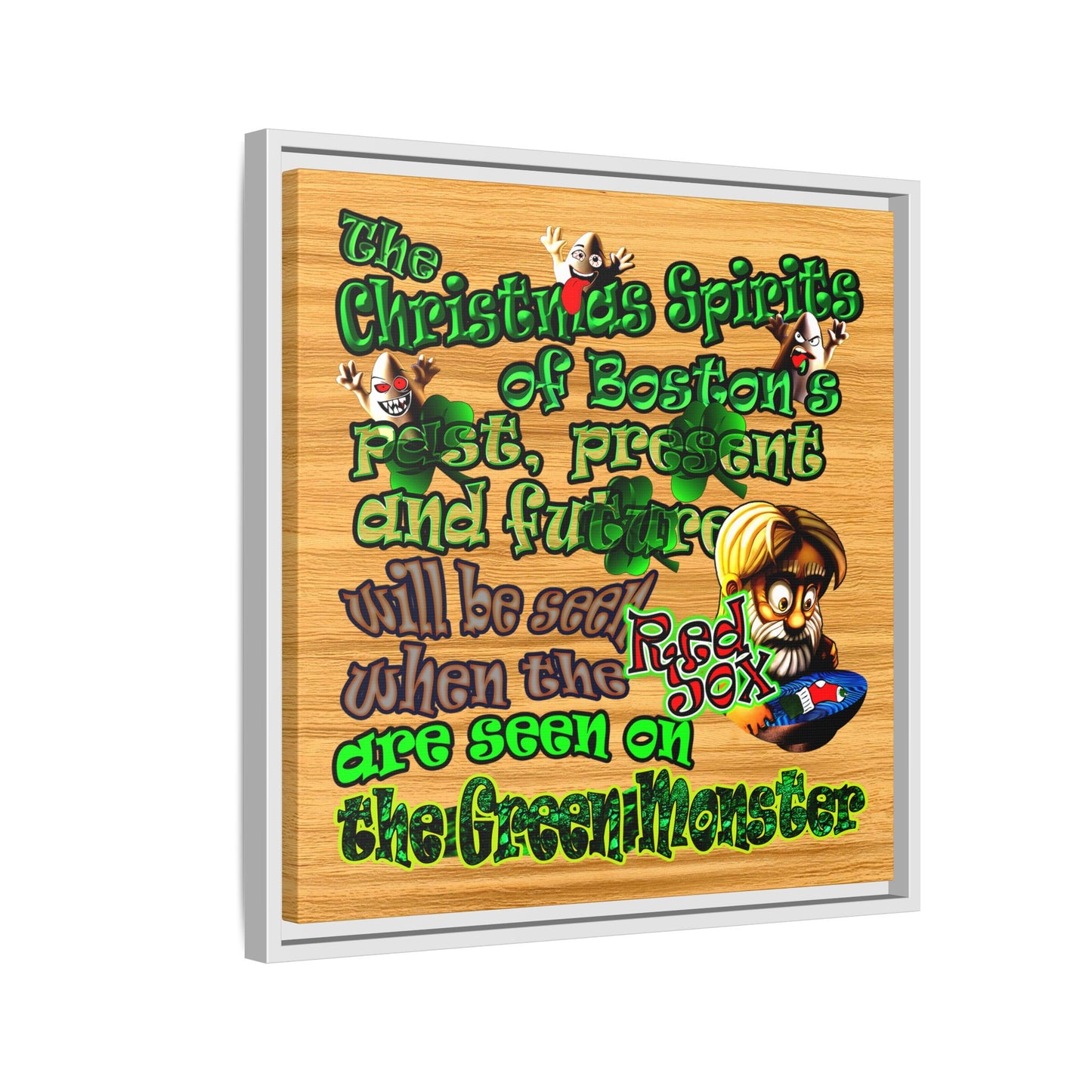 christmas spirits of boston - framed canvas art (butterscotch wood finish)