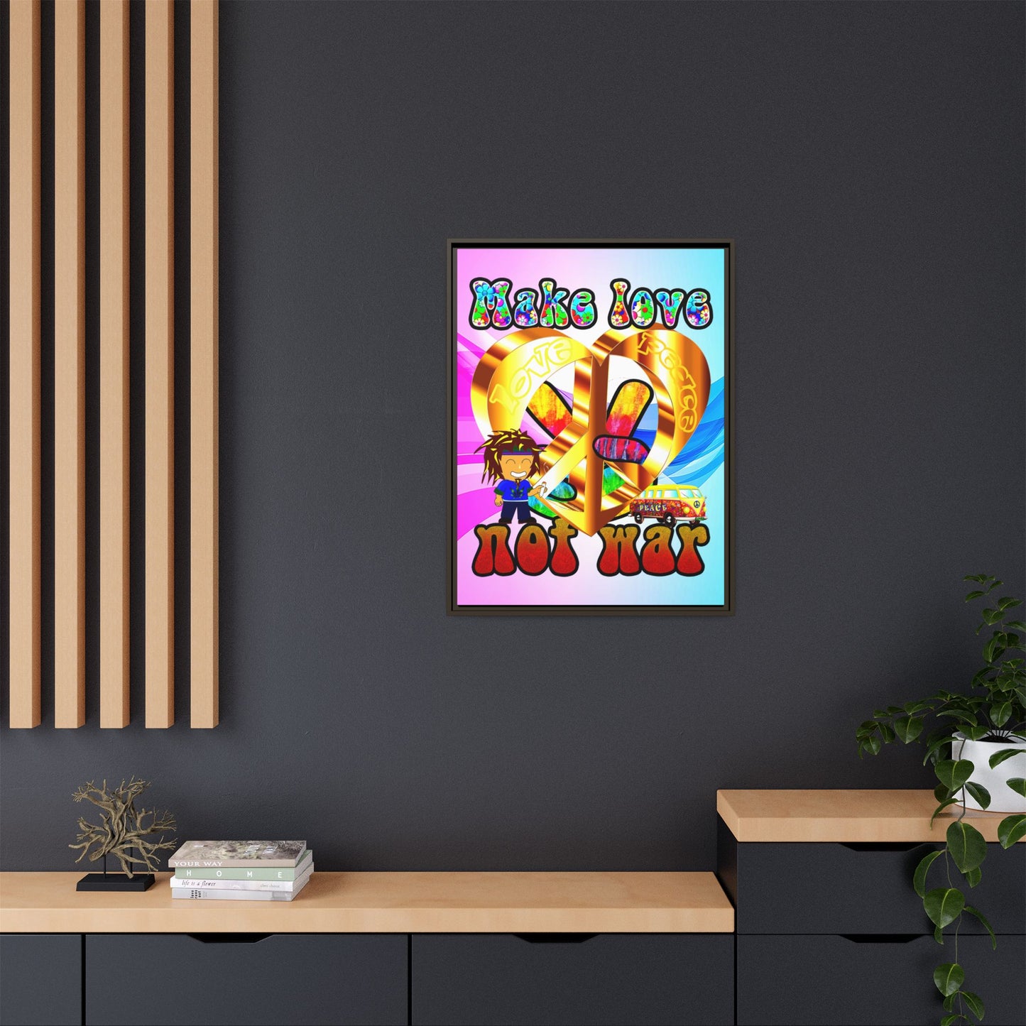 love peace - framed canvas art (light blue-pink wave)