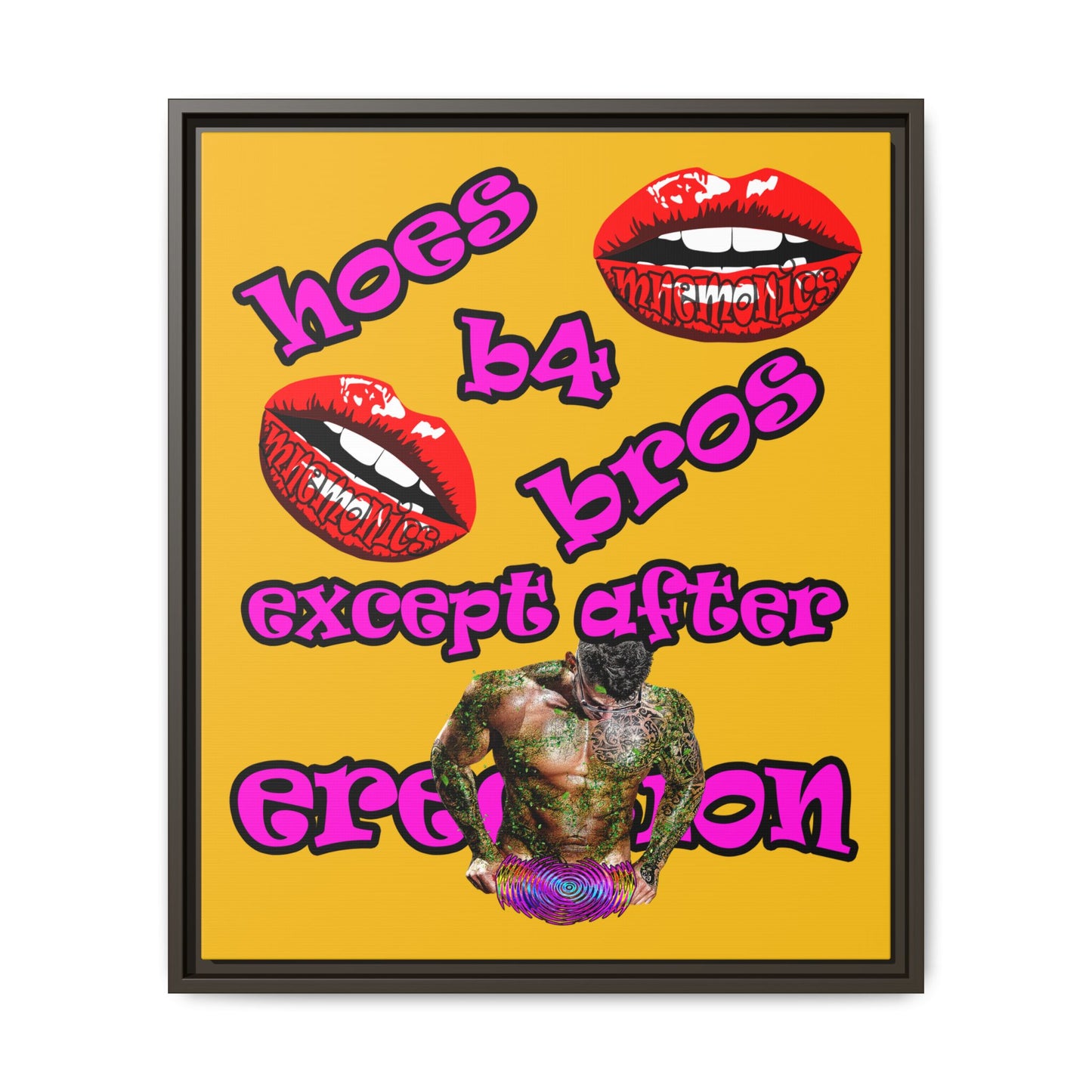 hoes b4 bros - framed canvas art (yellow)
