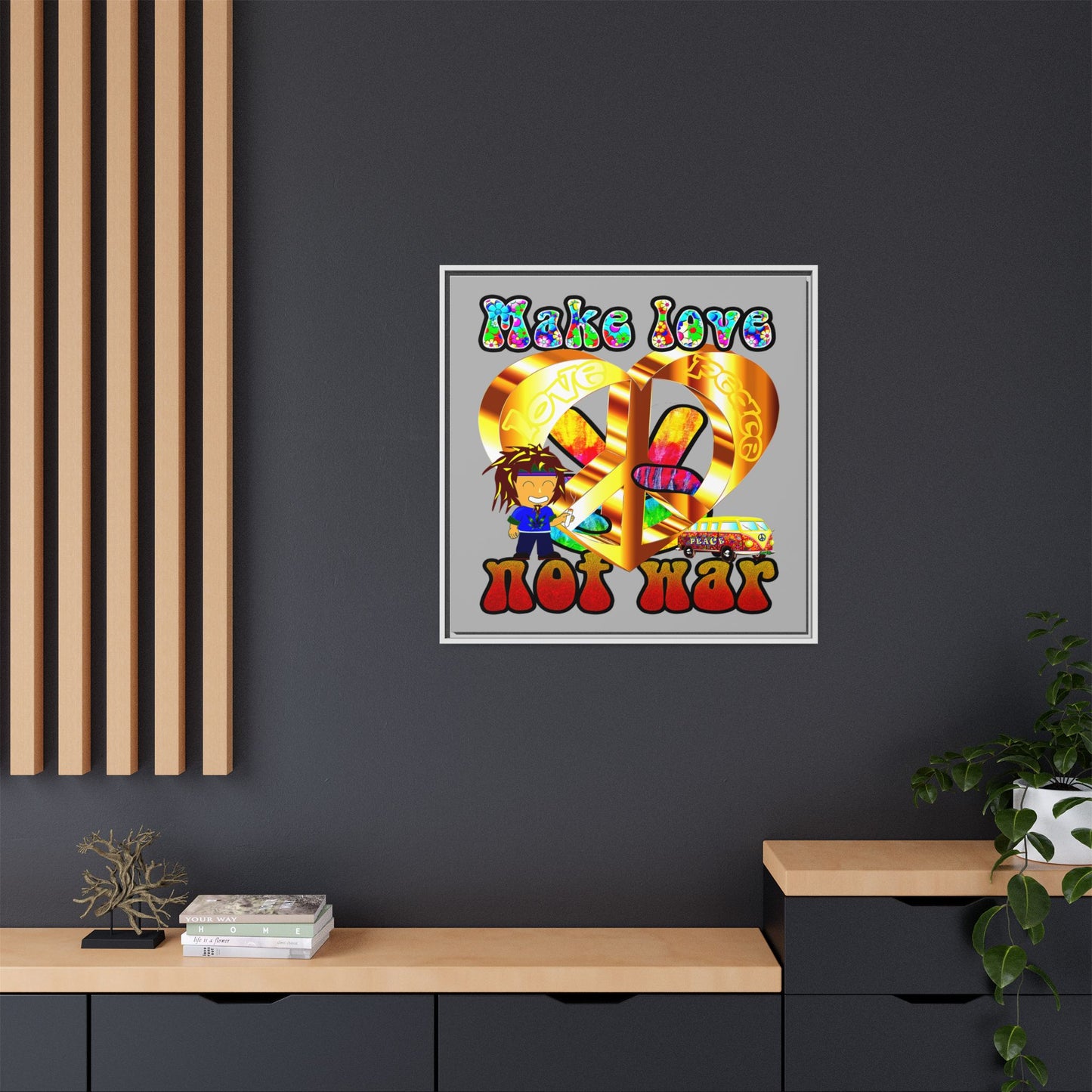 love peace - framed canvas art (light grey)