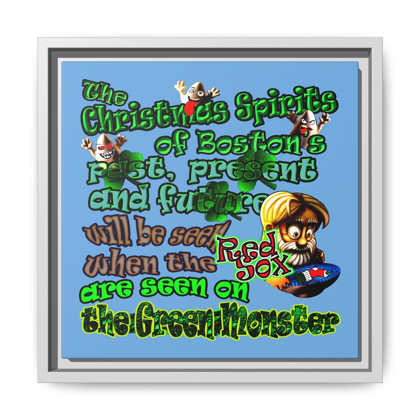 christmas spirits of boston - framed canvas art (light blue)