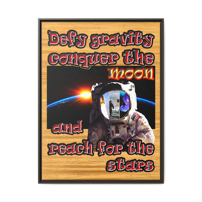 defy conquer reach - framed canvas art (butterscotch wood finish)