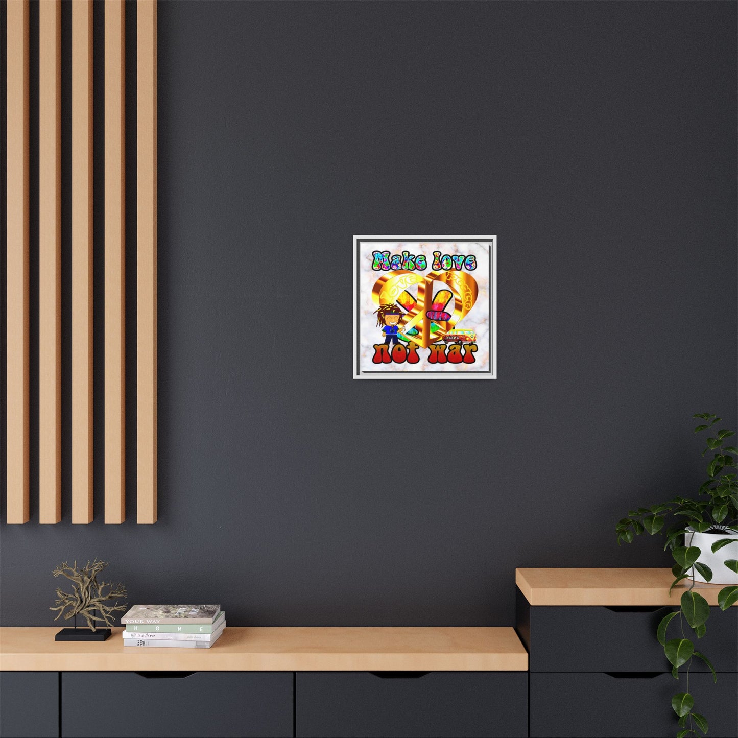 love peace - framed canvas art (white marble)