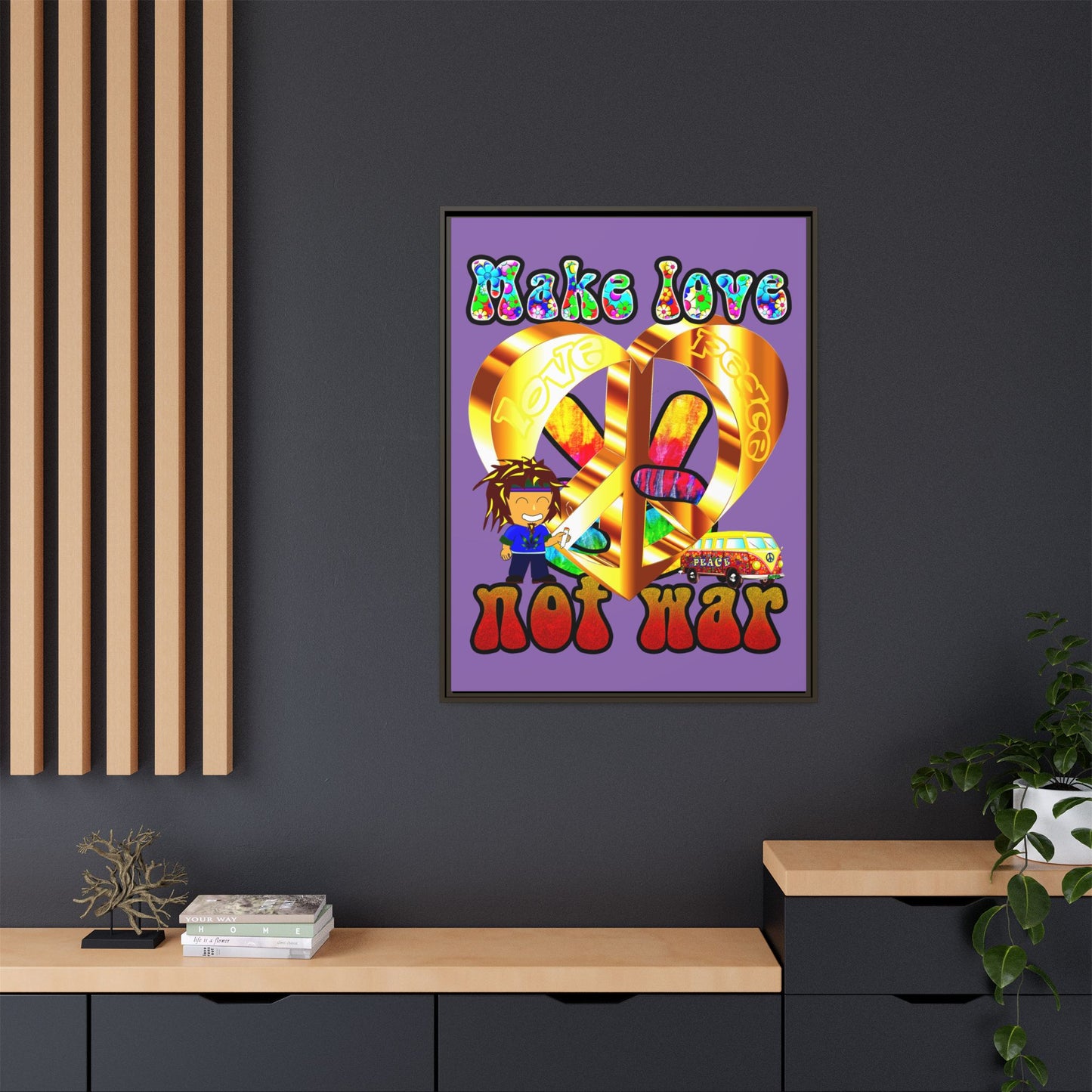 love peace - framed canvas art (light purple)