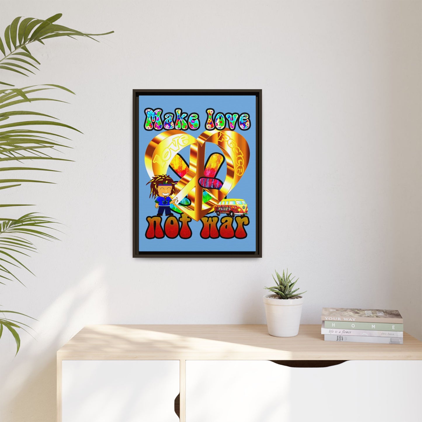 love peace - framed canvas art (light blue)