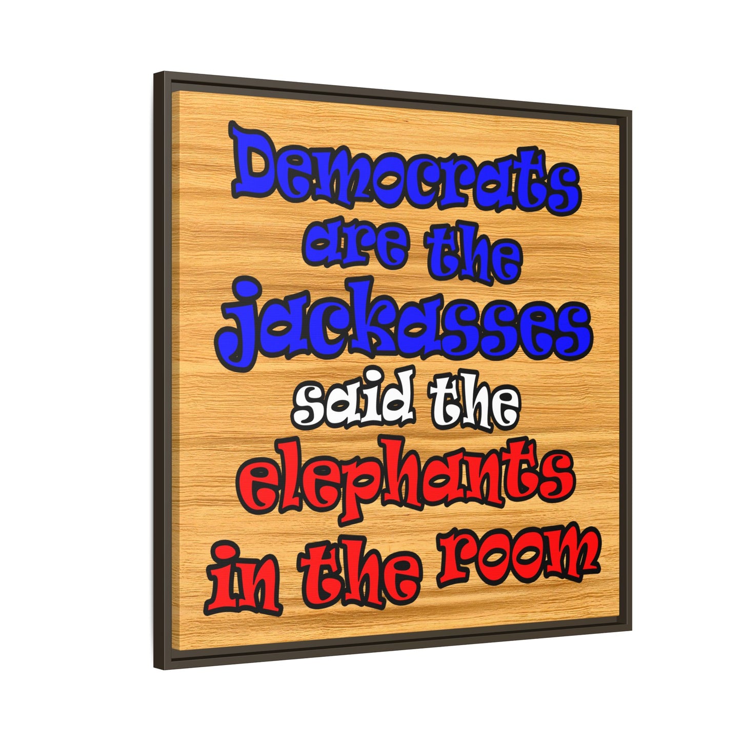 donkeys and elephants - framed canvas art (butterscotch wood finish)