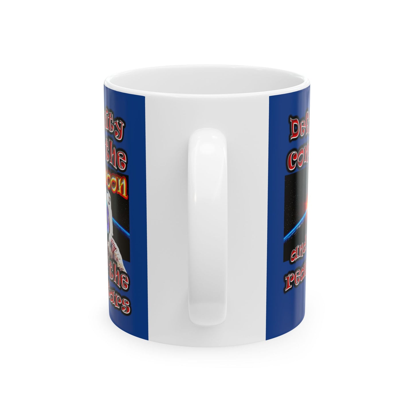 defy conquer reach - White Mug (dark blue)
