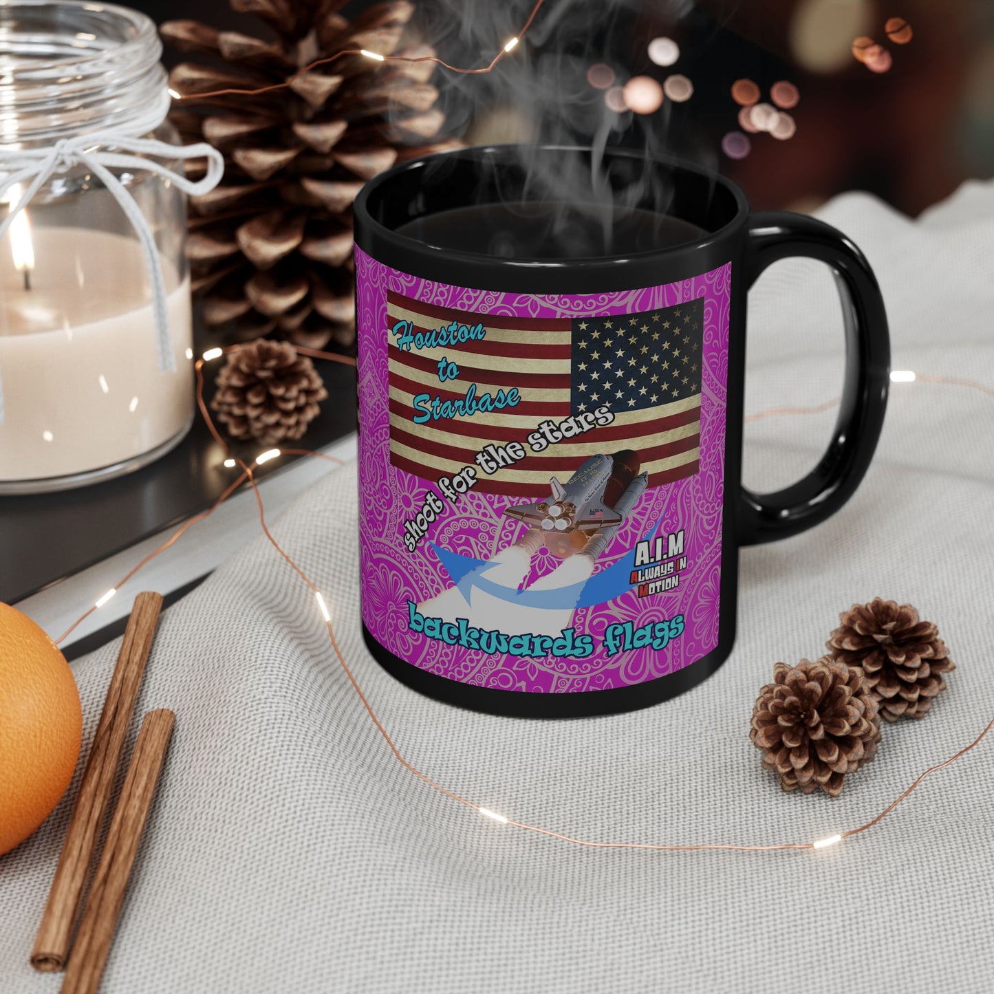 shoot for the stars - Black Mug (pink swirl)