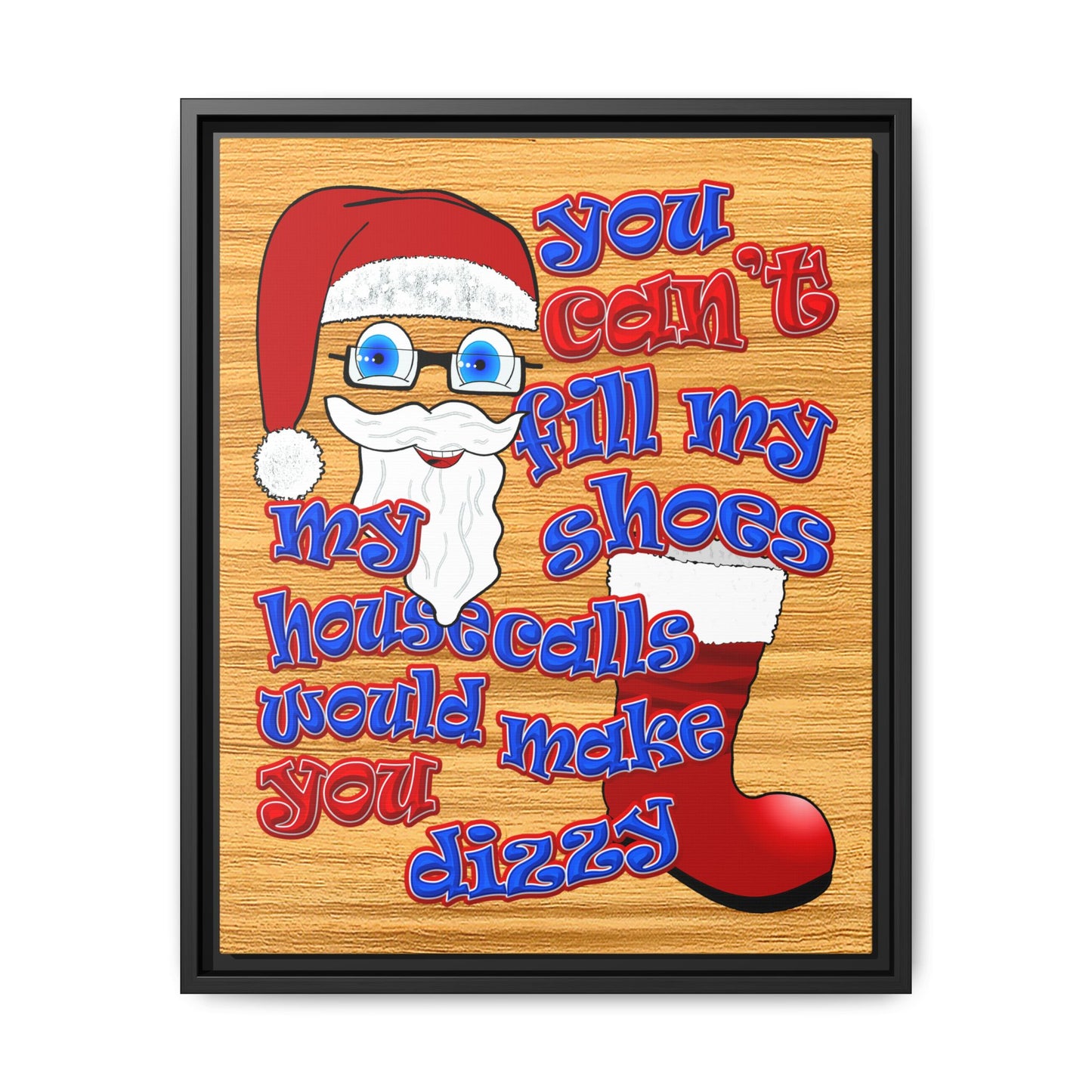 santa's shoes - framed canvas art (butterscotch wood finish)