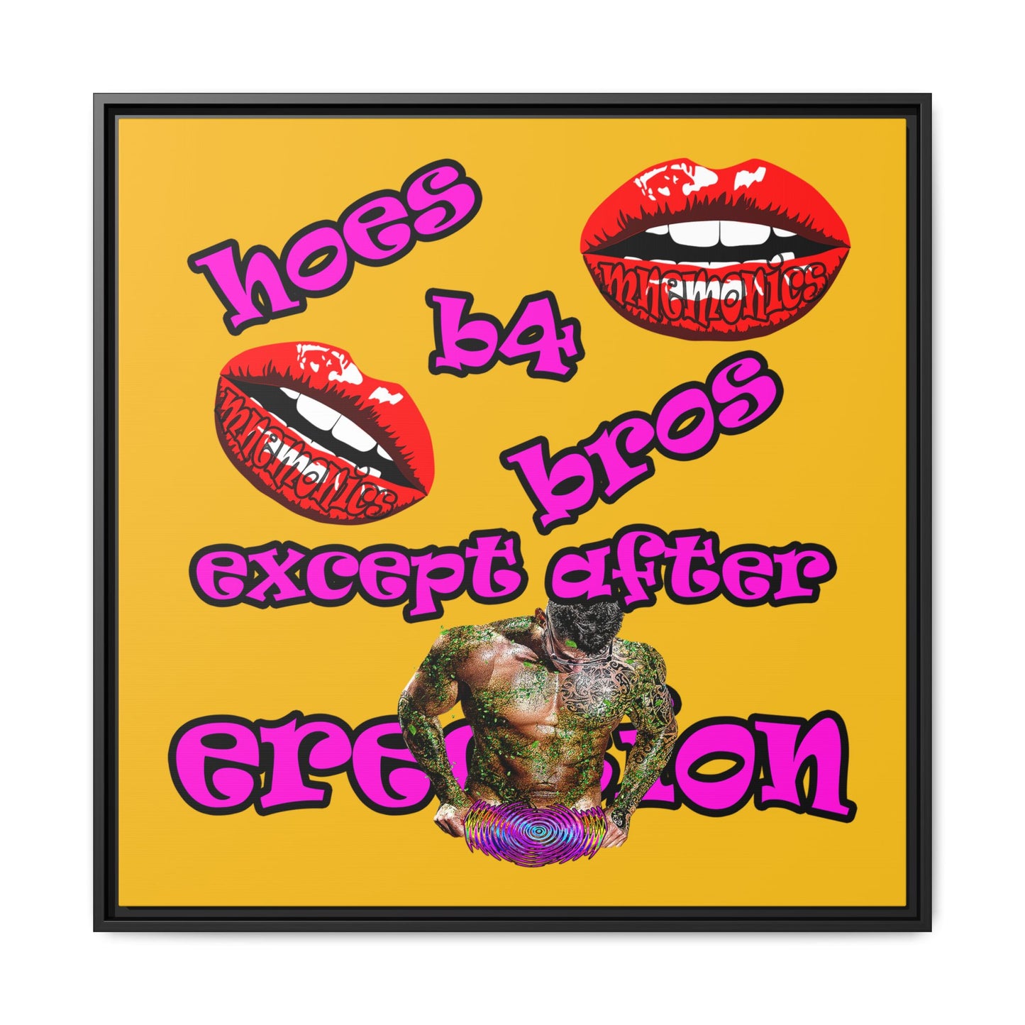 hoes b4 bros - framed canvas art (yellow)