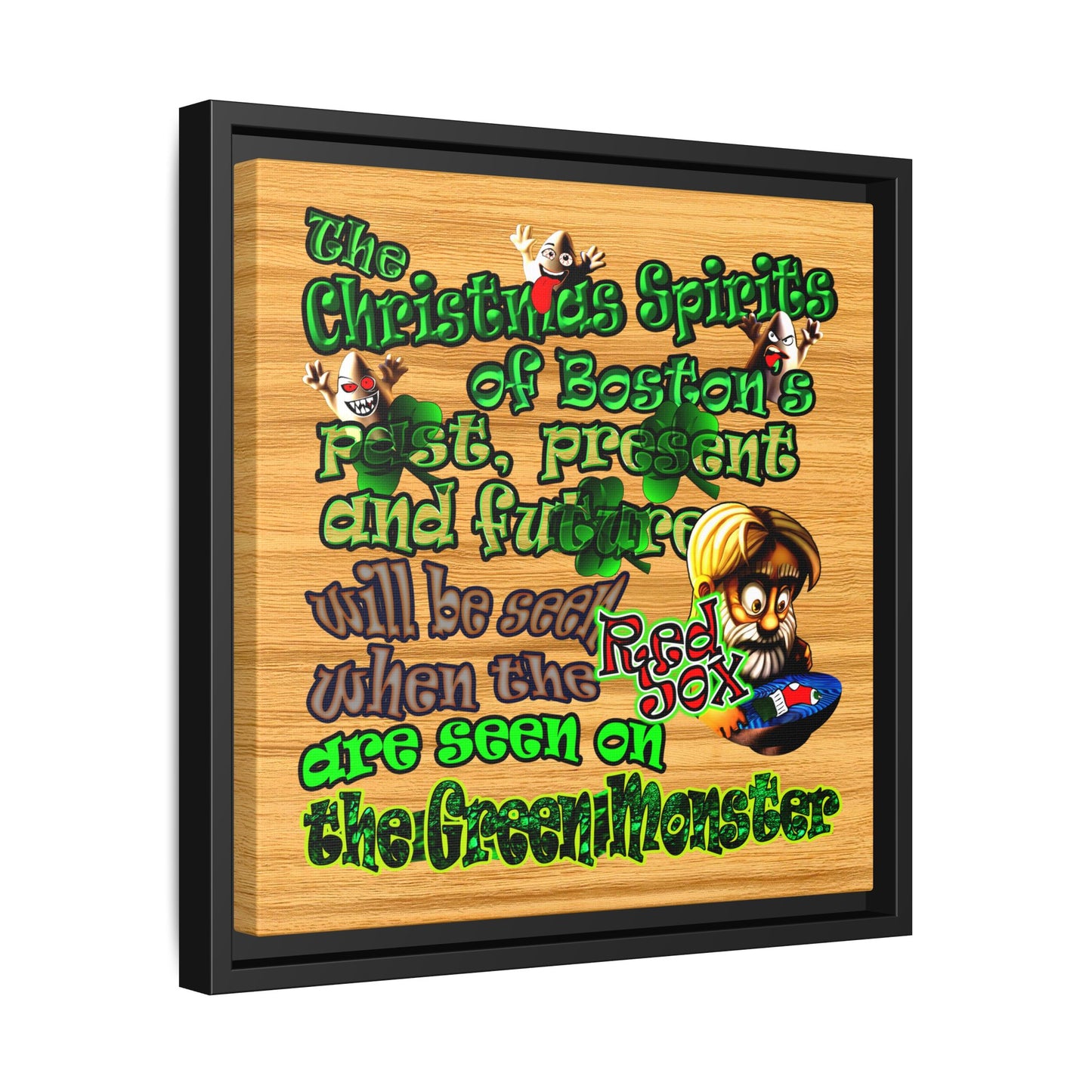 christmas spirits of boston - framed canvas art (butterscotch wood finish)