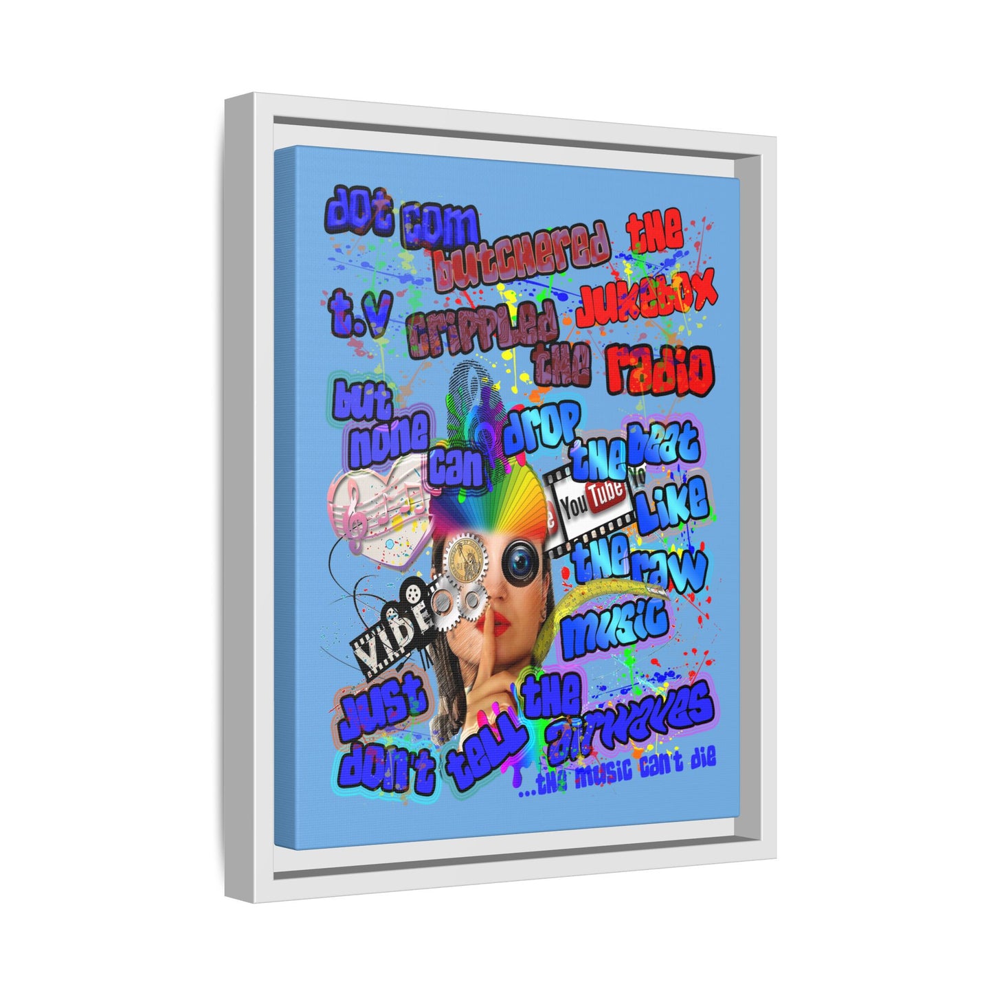 drop the beat - framed canvas art (light blue)