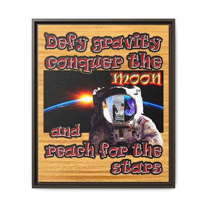 defy conquer reach - framed canvas art (butterscotch wood finish)
