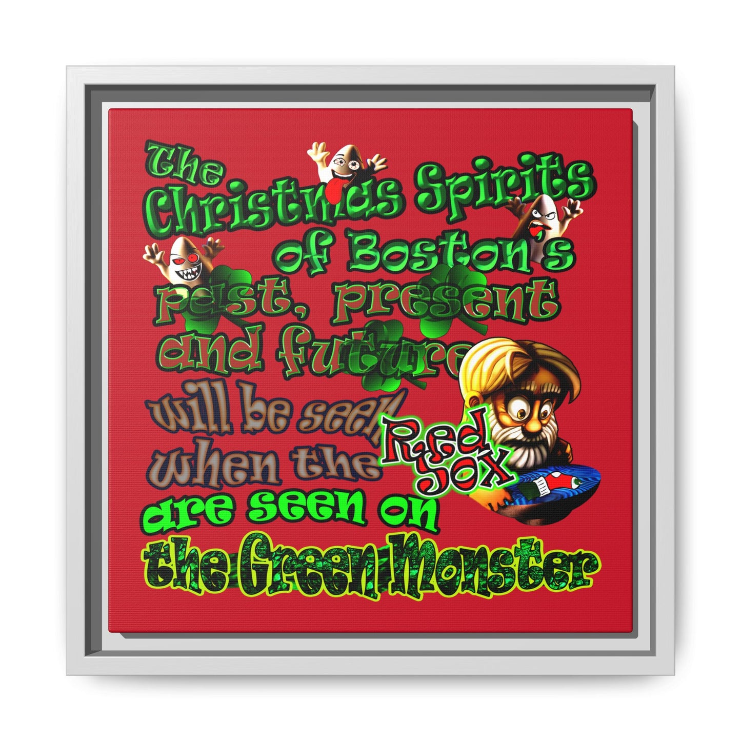christmas spirits of boston - framed canvas art (dark red)
