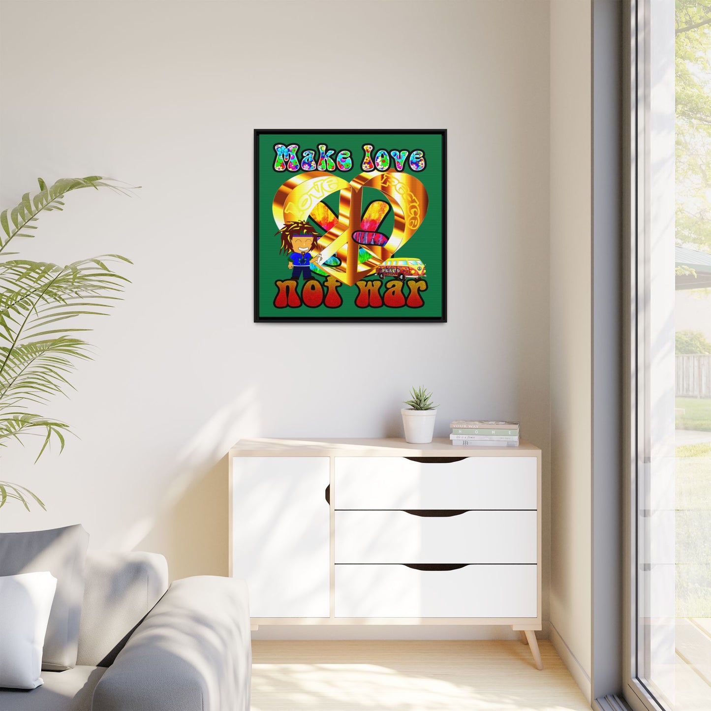 love peace - framed canvas art (dark green)