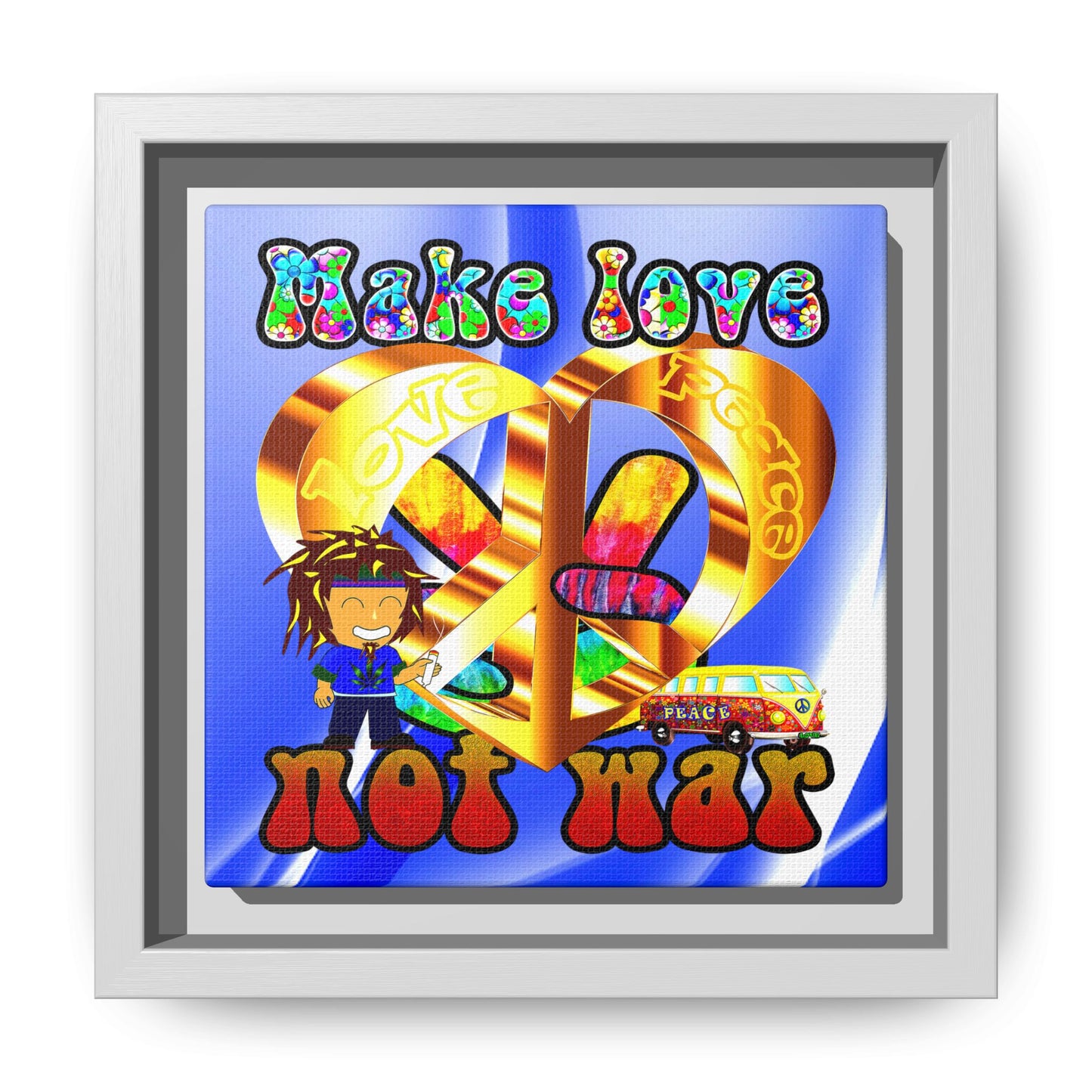love peace - framed canvas art (blue-white wave)