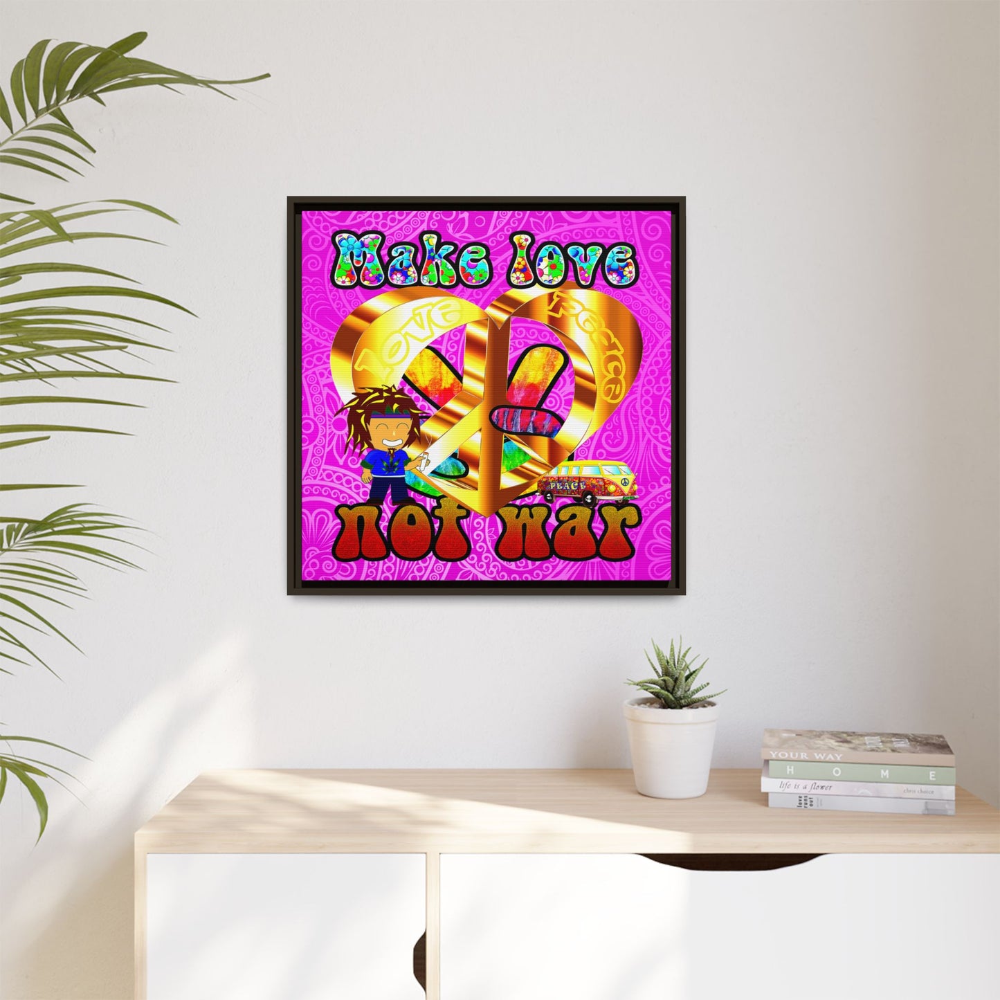 love peace - framed canvas art (pink swirl)