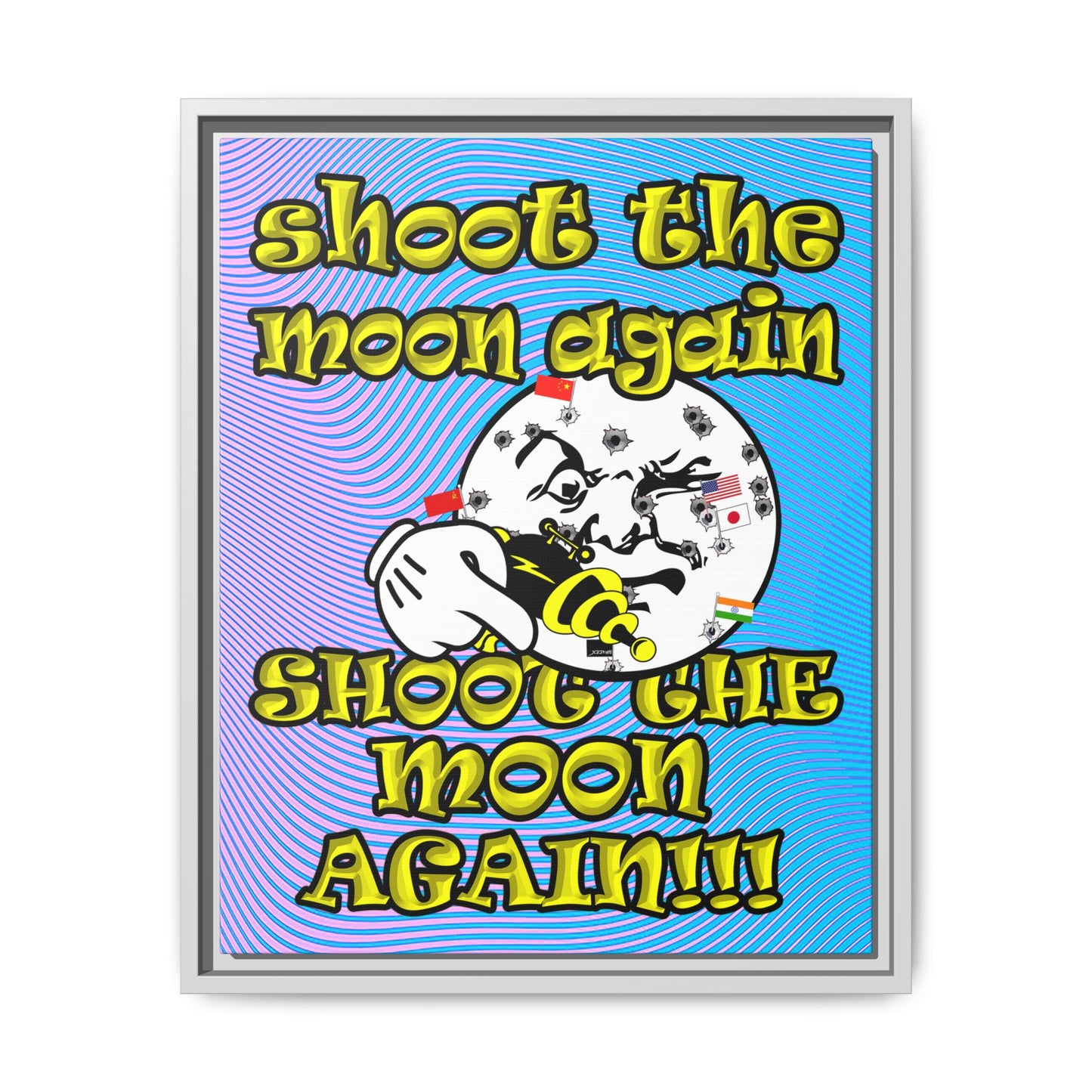 shoot the moon again - framed canvas art (light blue-purple wave)
