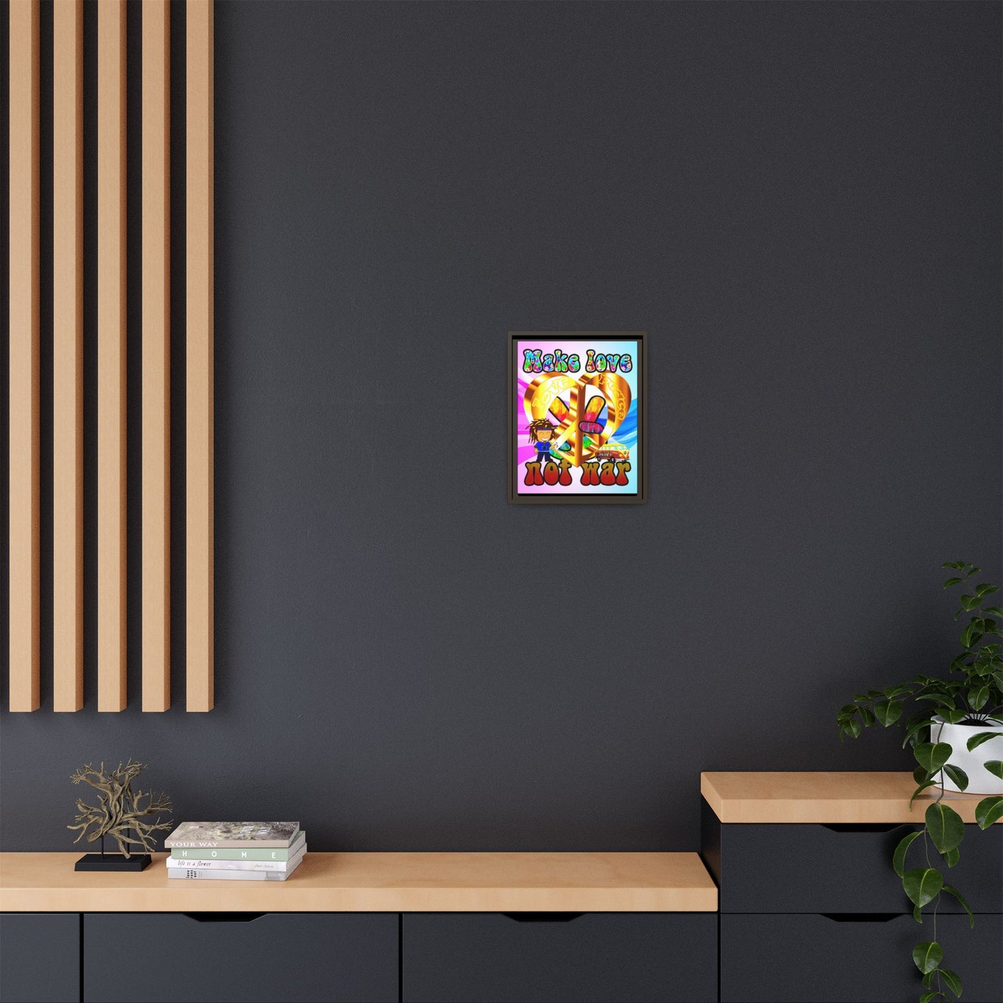 love peace - framed canvas art (light blue-pink wave)